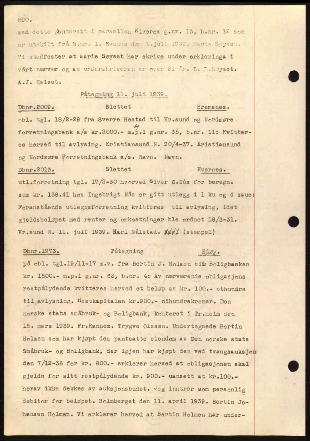 Nordmøre sorenskriveri, AV/SAT-A-4132/1/2/2Ca: Mortgage book no. C80, 1936-1939, Diary no: : 2009/1939