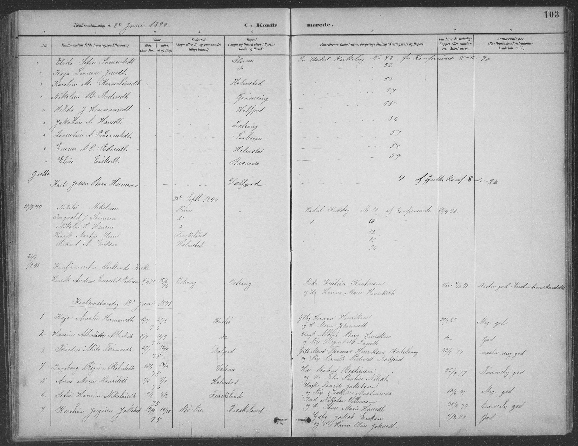 Ministerialprotokoller, klokkerbøker og fødselsregistre - Nordland, AV/SAT-A-1459/890/L1290: Parish register (copy) no. 890C01, 1882-1911, p. 103