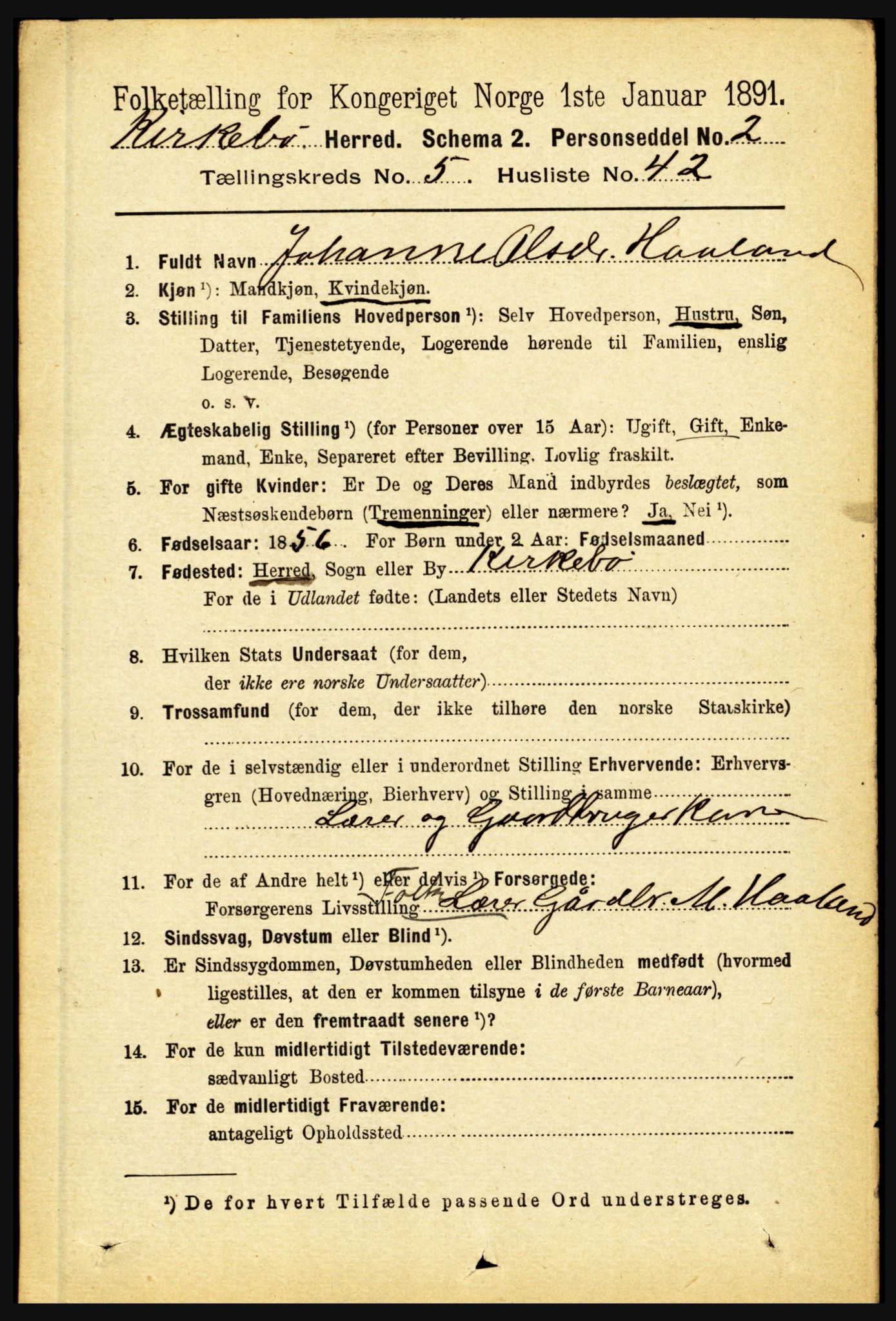 RA, 1891 census for 1416 Kyrkjebø, 1891, p. 1307