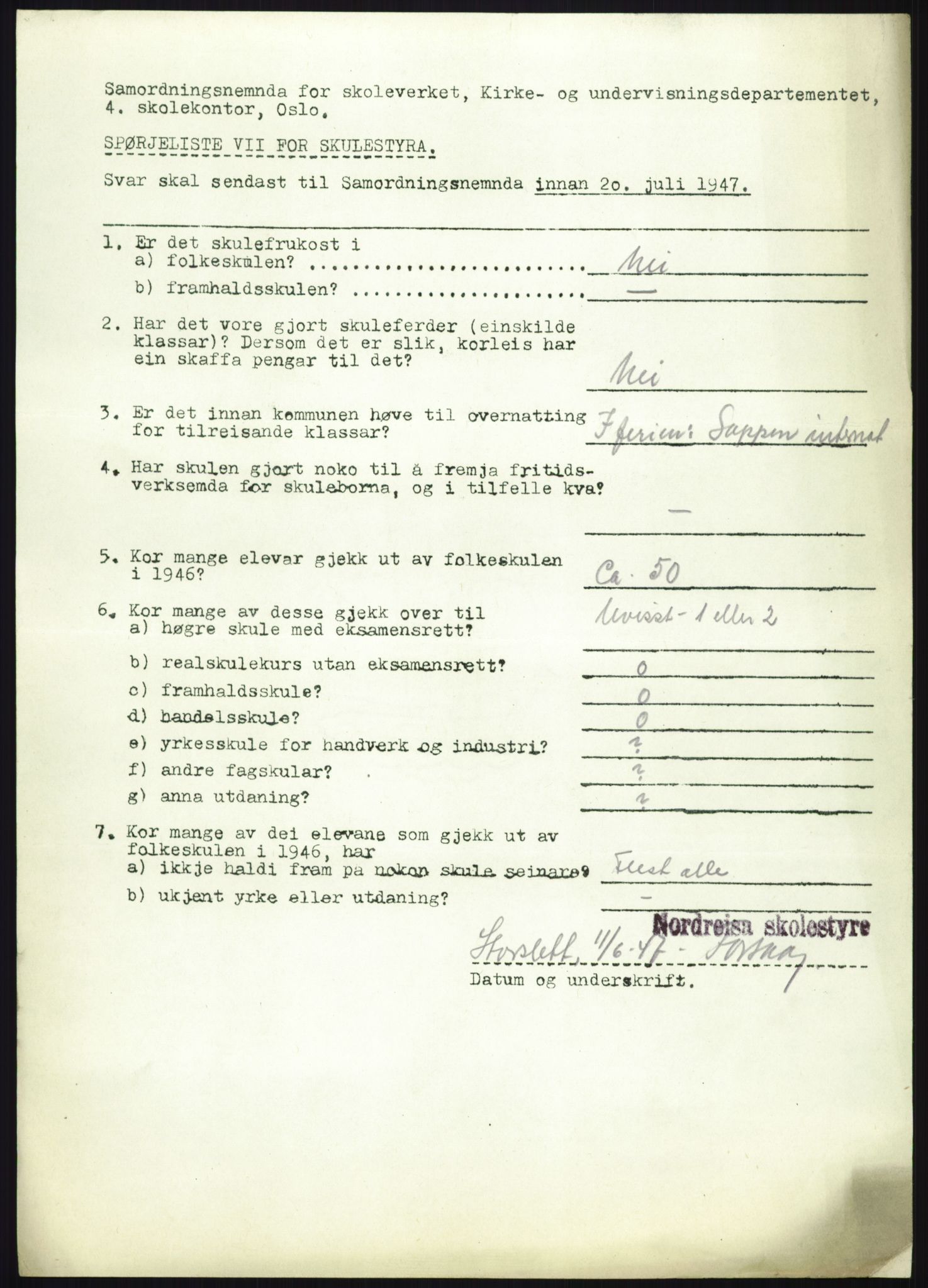 Kirke- og undervisningsdepartementet, Samordningsnemnda for skoleverket, RA/S-1146/D/L0008: Svar på spørreskjema fra kommuner i Nord-Trøndelag, Nordland, Troms og Finnmark, 1947, p. 884