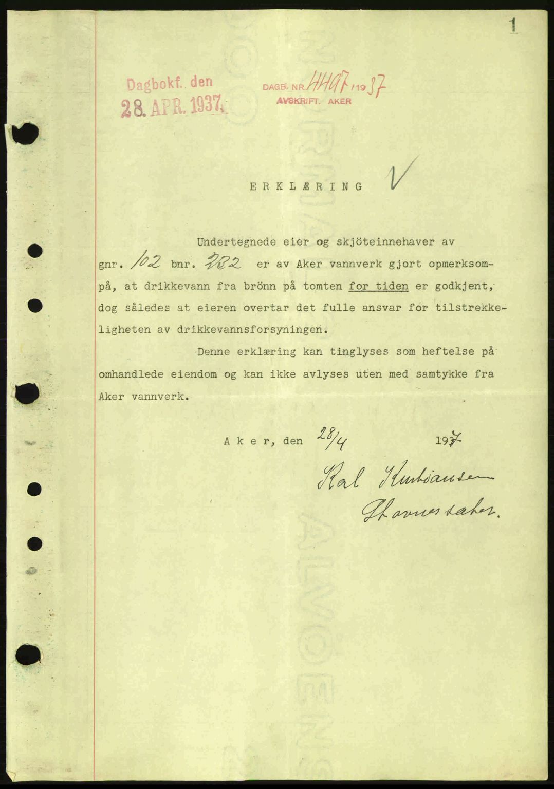 Aker herredsskriveri, AV/SAO-A-10896/G/Gb/Gba/Gbab/L0014: Mortgage book no. A146, 1937-1937, Diary no: : 4497/1937