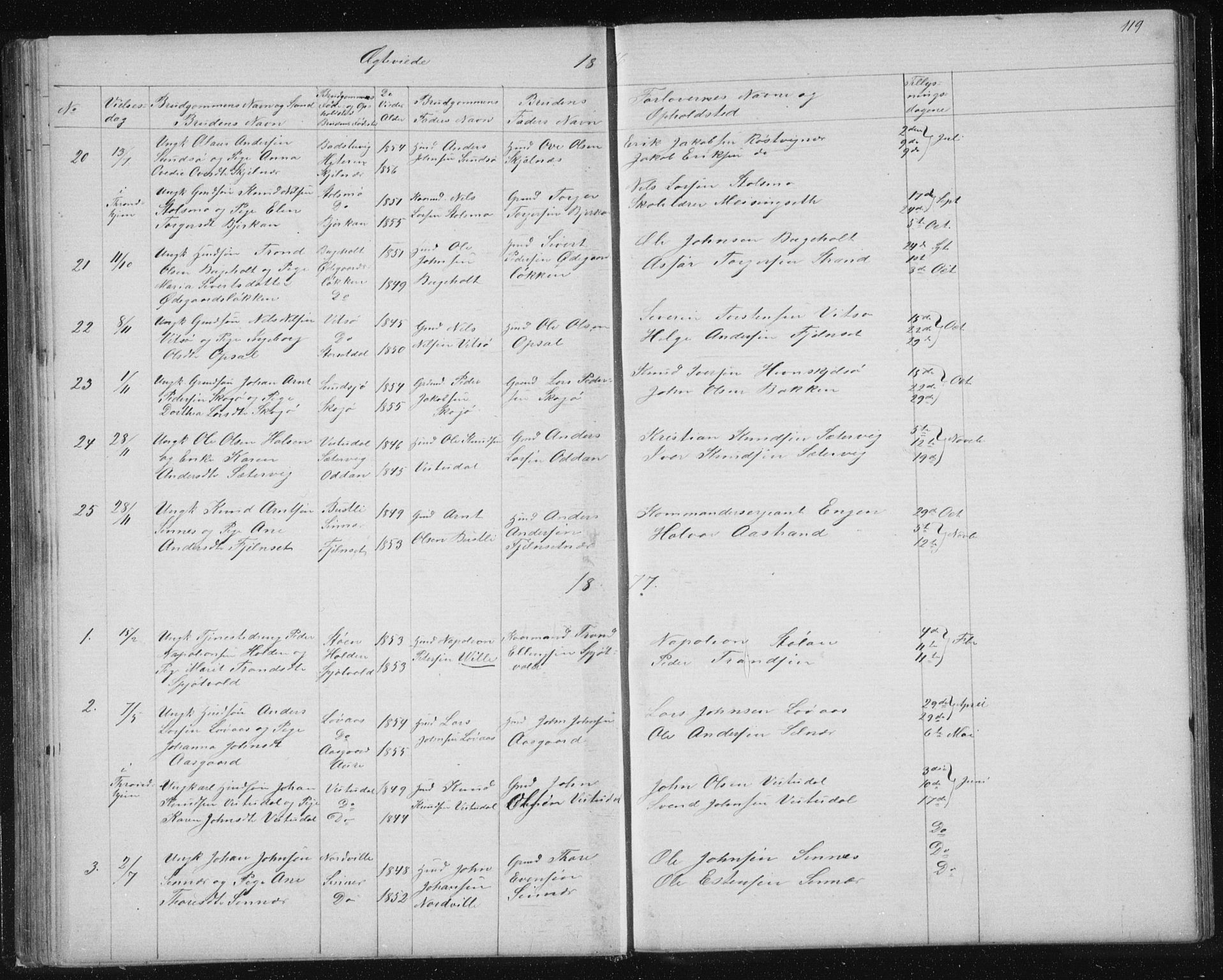 Ministerialprotokoller, klokkerbøker og fødselsregistre - Sør-Trøndelag, SAT/A-1456/630/L0503: Parish register (copy) no. 630C01, 1869-1878, p. 119