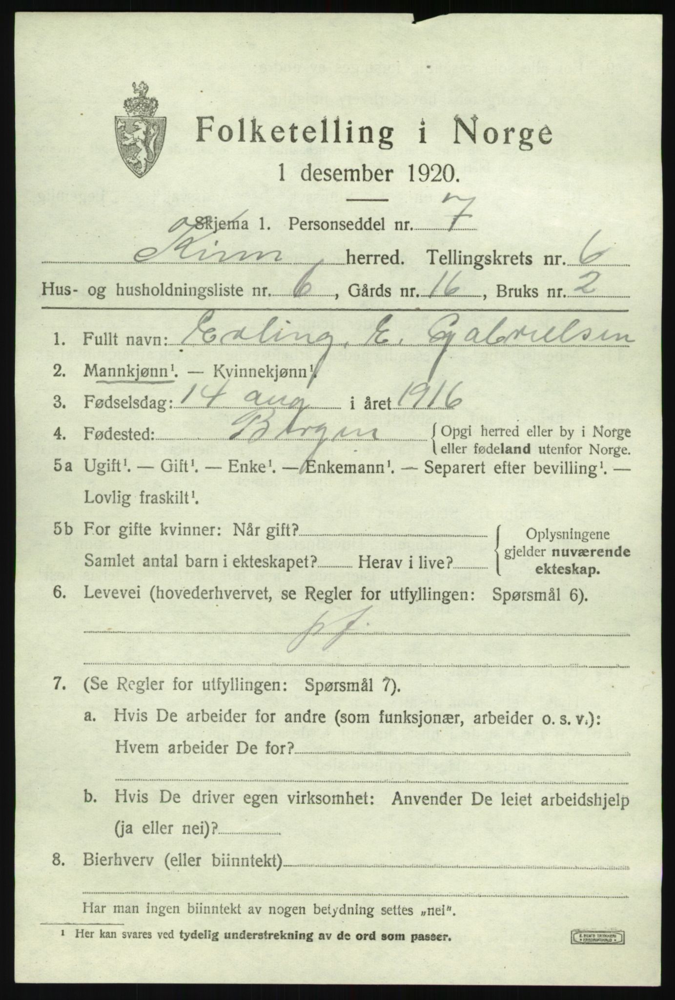 SAB, 1920 census for Kinn, 1920, p. 2829