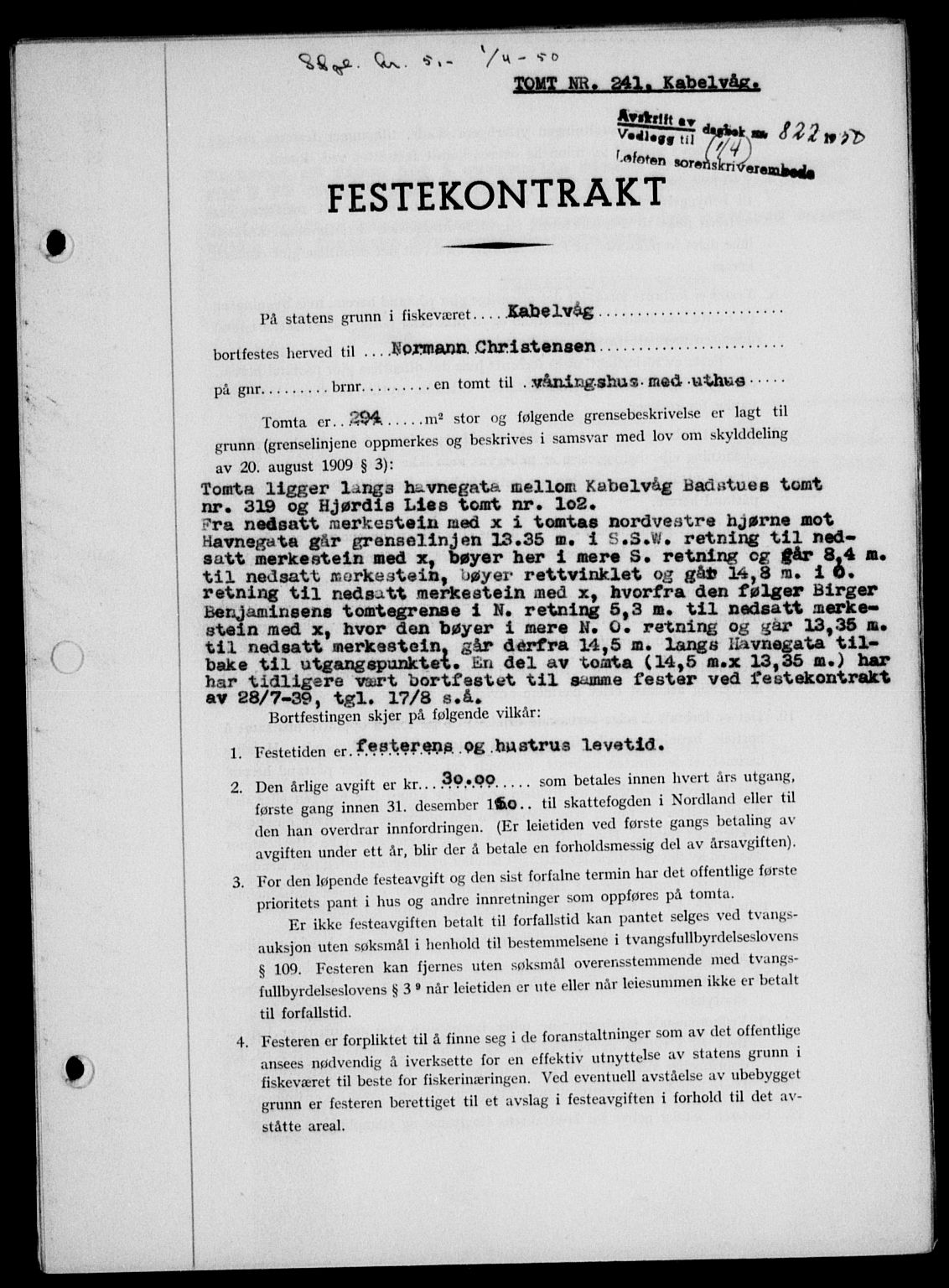 Lofoten sorenskriveri, SAT/A-0017/1/2/2C/L0023a: Mortgage book no. 23a, 1950-1950, Diary no: : 822/1950