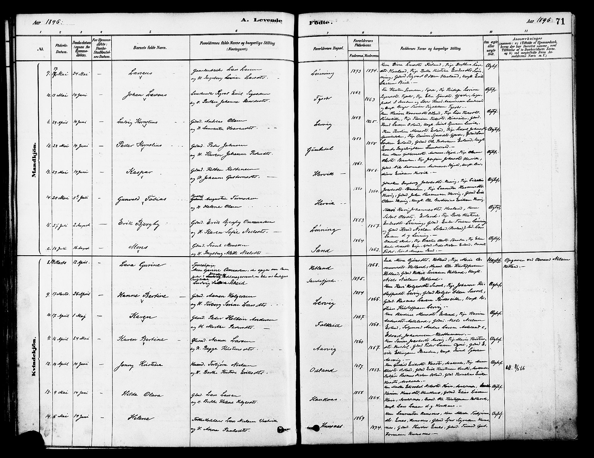 Tysvær sokneprestkontor, AV/SAST-A -101864/H/Ha/Haa/L0006: Parish register (official) no. A 6, 1878-1896, p. 71