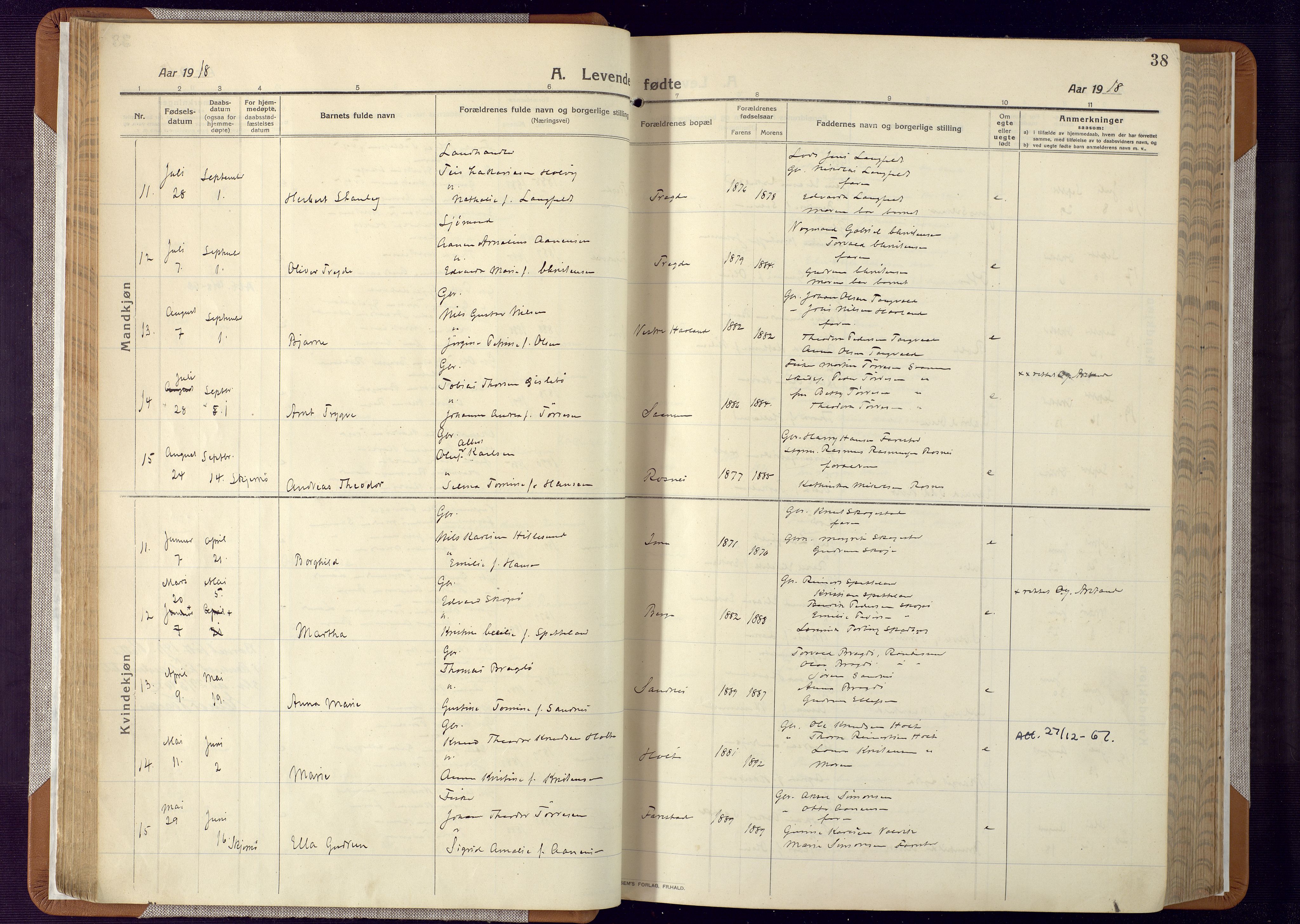 Mandal sokneprestkontor, AV/SAK-1111-0030/F/Fa/Faa/L0022: Parish register (official) no. A 22, 1913-1925, p. 38