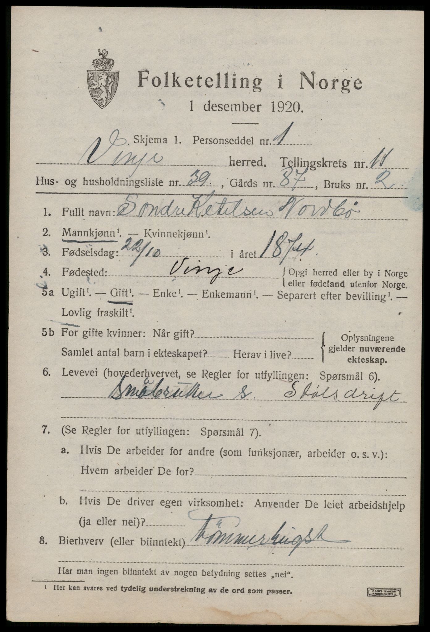 SAKO, 1920 census for Vinje, 1920, p. 3789