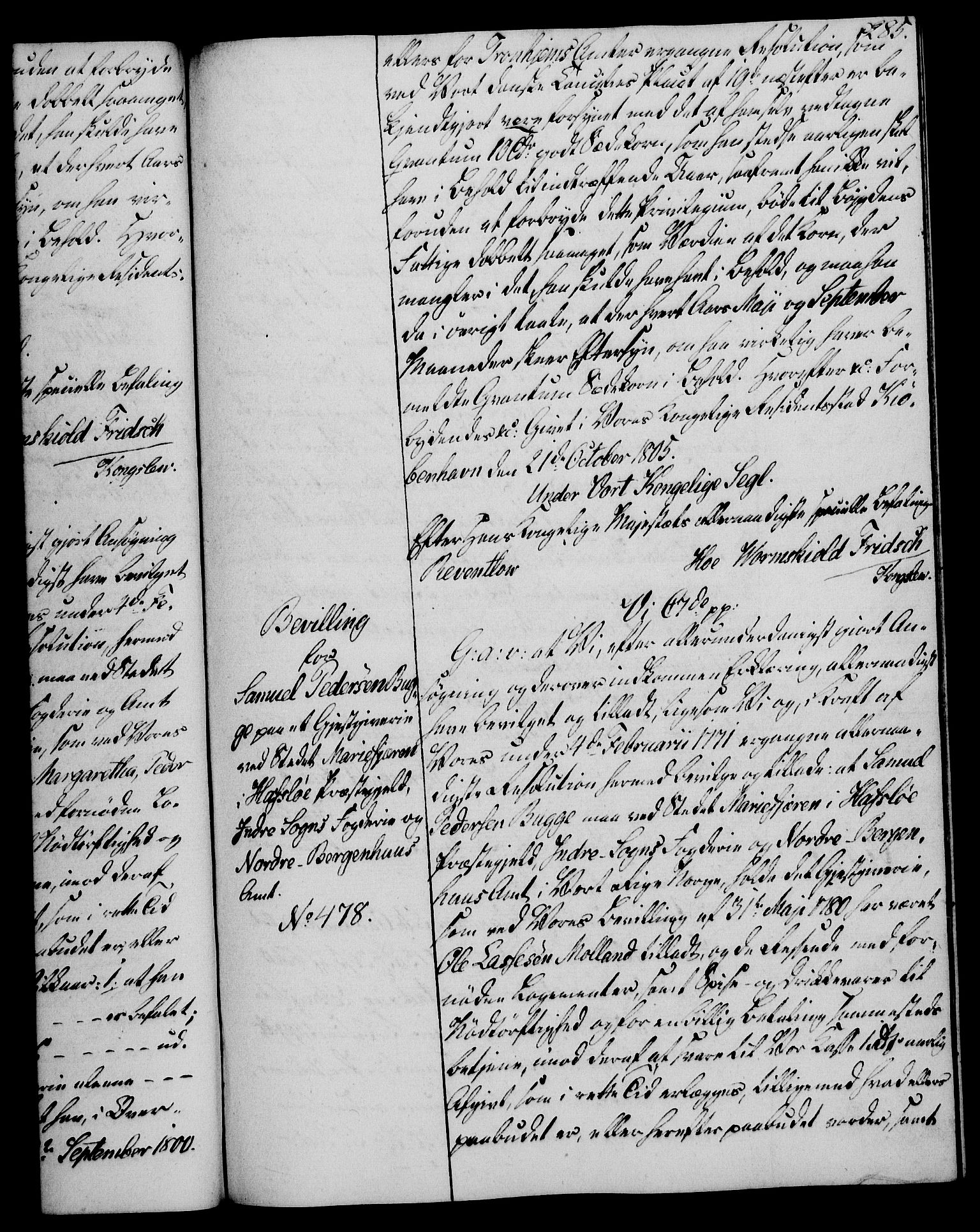 Rentekammeret, Kammerkanselliet, AV/RA-EA-3111/G/Gg/Gga/L0018: Norsk ekspedisjonsprotokoll med register (merket RK 53.18), 1804-1806, p. 285