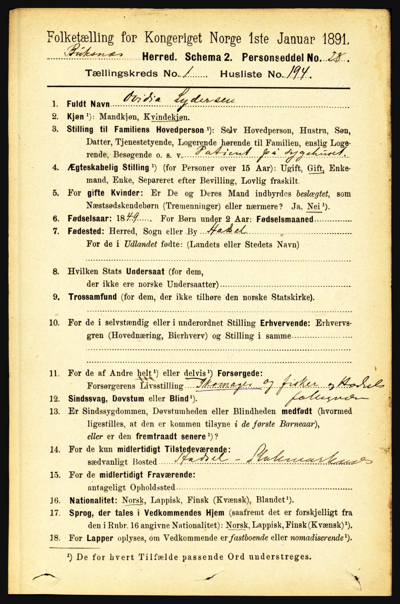 RA, 1891 census for 1860 Buksnes, 1891, p. 1511