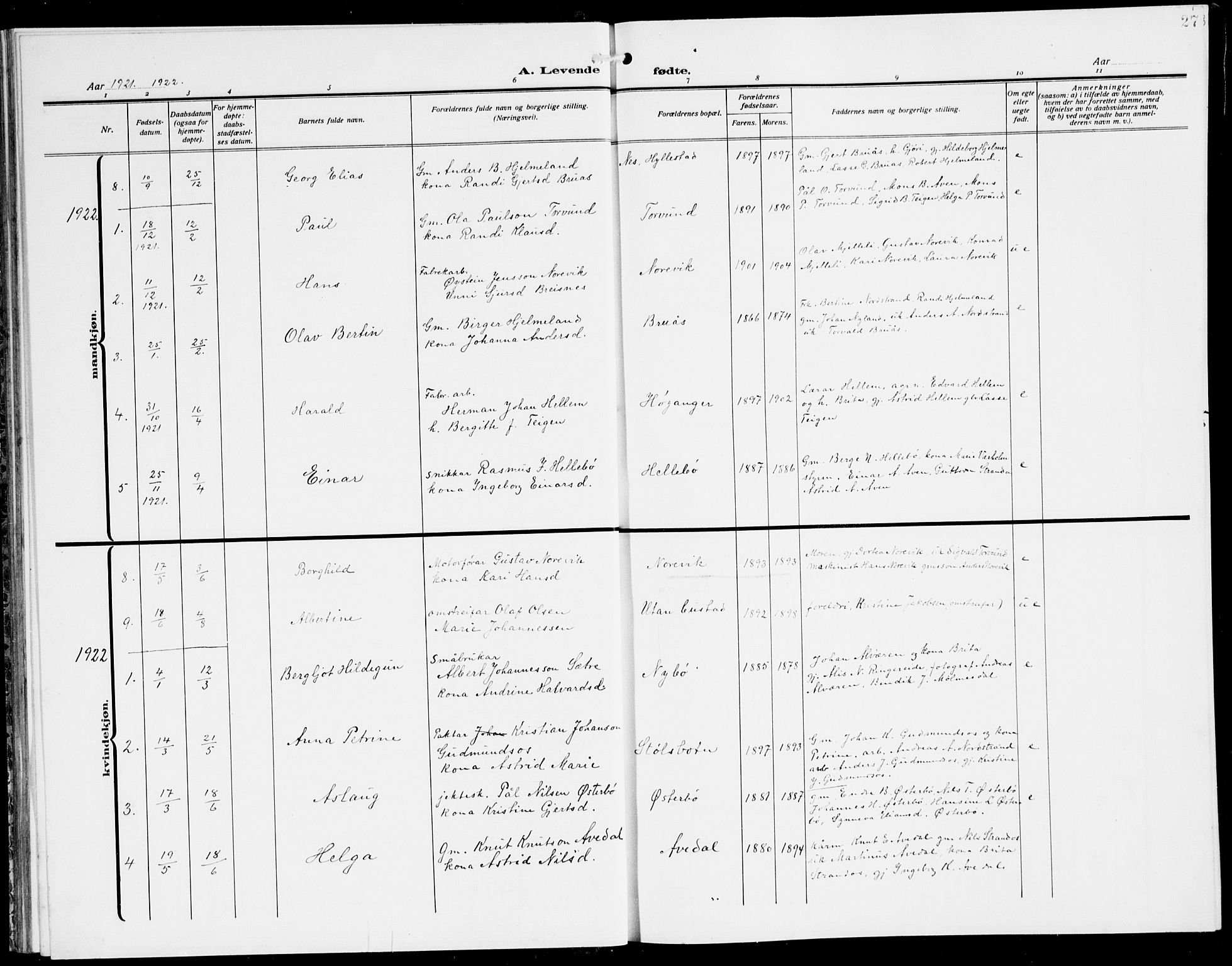 Lavik sokneprestembete, SAB/A-80901: Parish register (copy) no. A 3, 1911-1942, p. 27