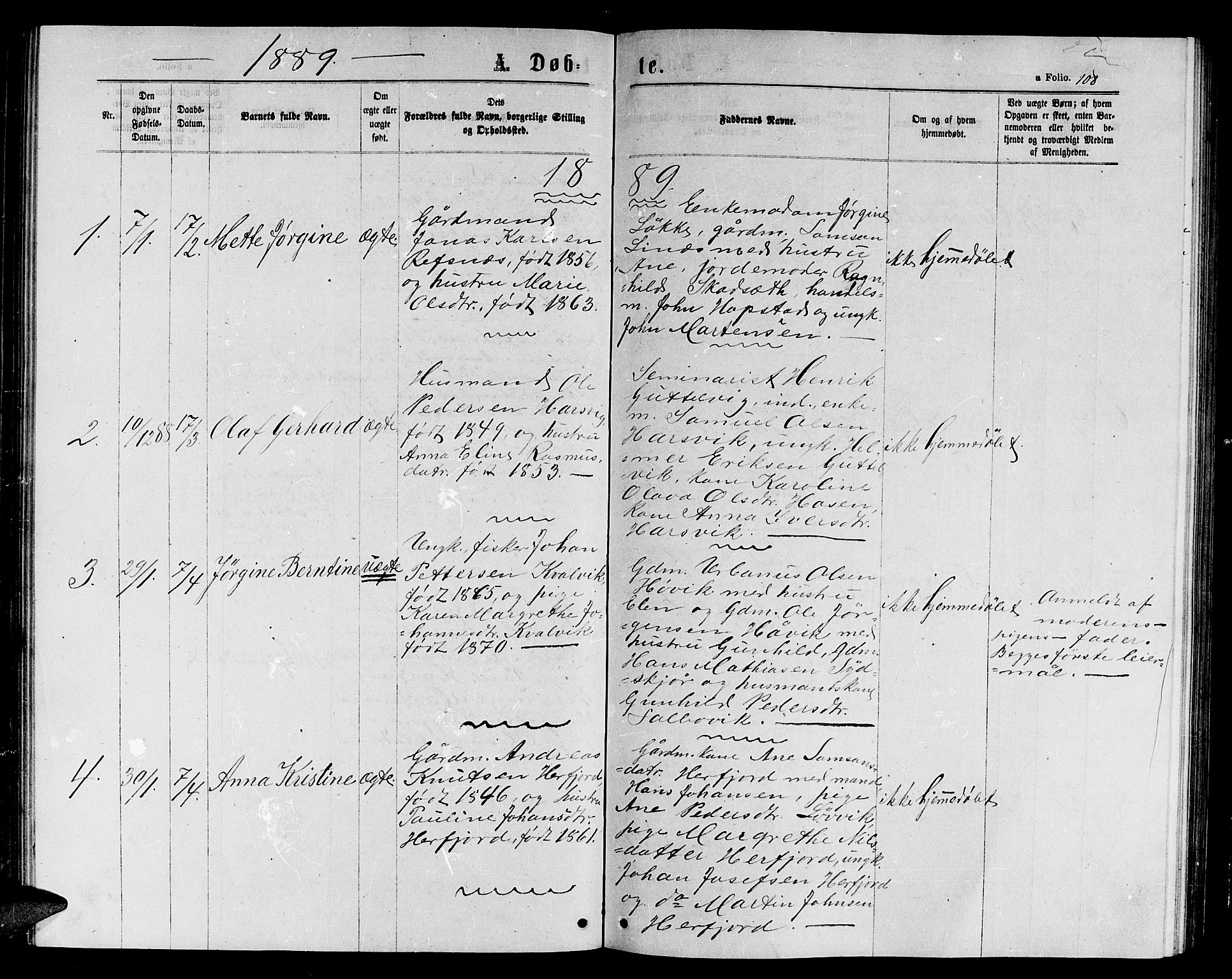 Ministerialprotokoller, klokkerbøker og fødselsregistre - Sør-Trøndelag, SAT/A-1456/656/L0695: Parish register (copy) no. 656C01, 1867-1889, p. 108
