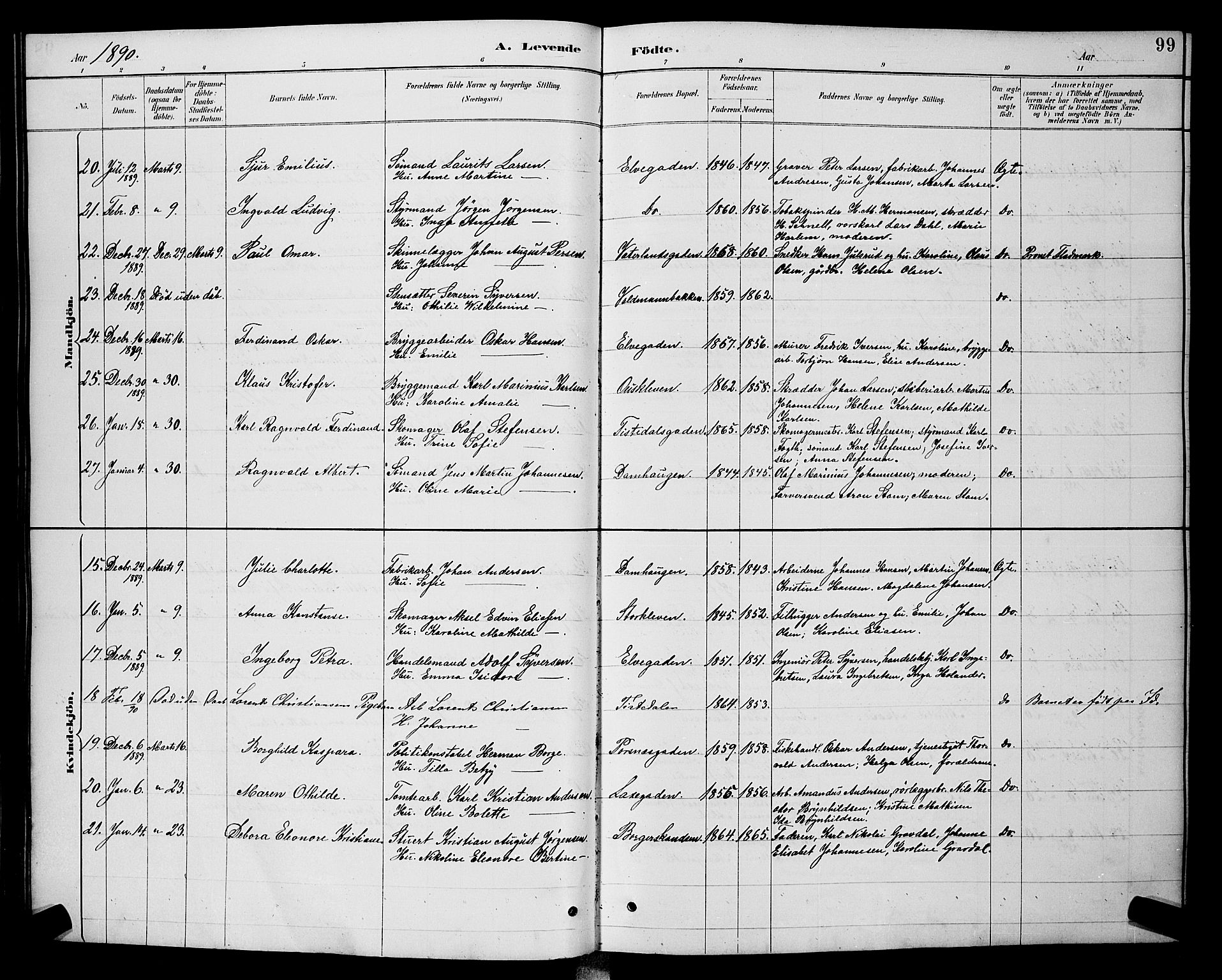 Halden prestekontor Kirkebøker, AV/SAO-A-10909/G/Ga/L0008: Parish register (copy) no. 8, 1885-1899, p. 99