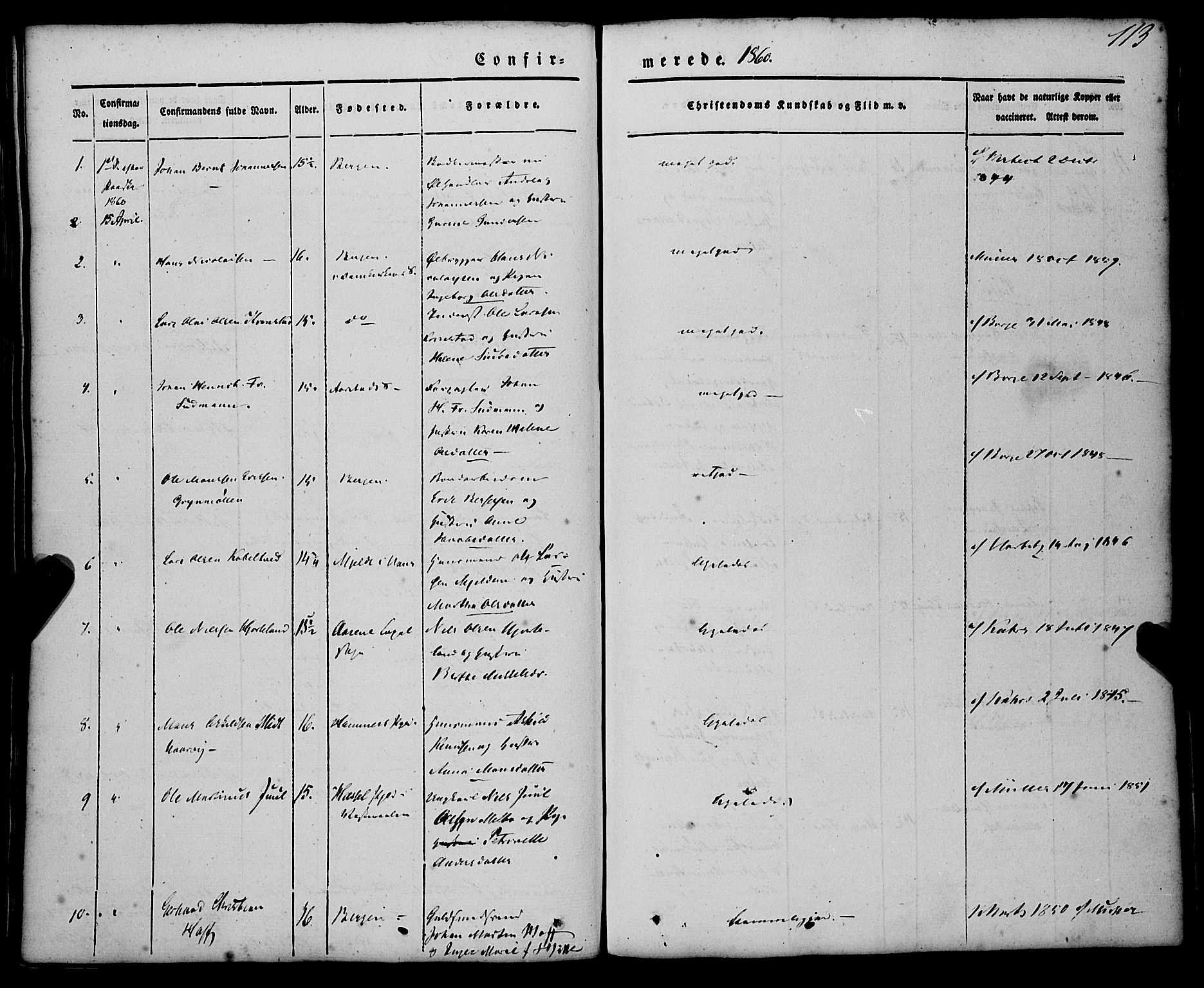 St. Jørgens hospital og Årstad sokneprestembete, AV/SAB-A-99934: Parish register (official) no. A 4, 1844-1863, p. 113