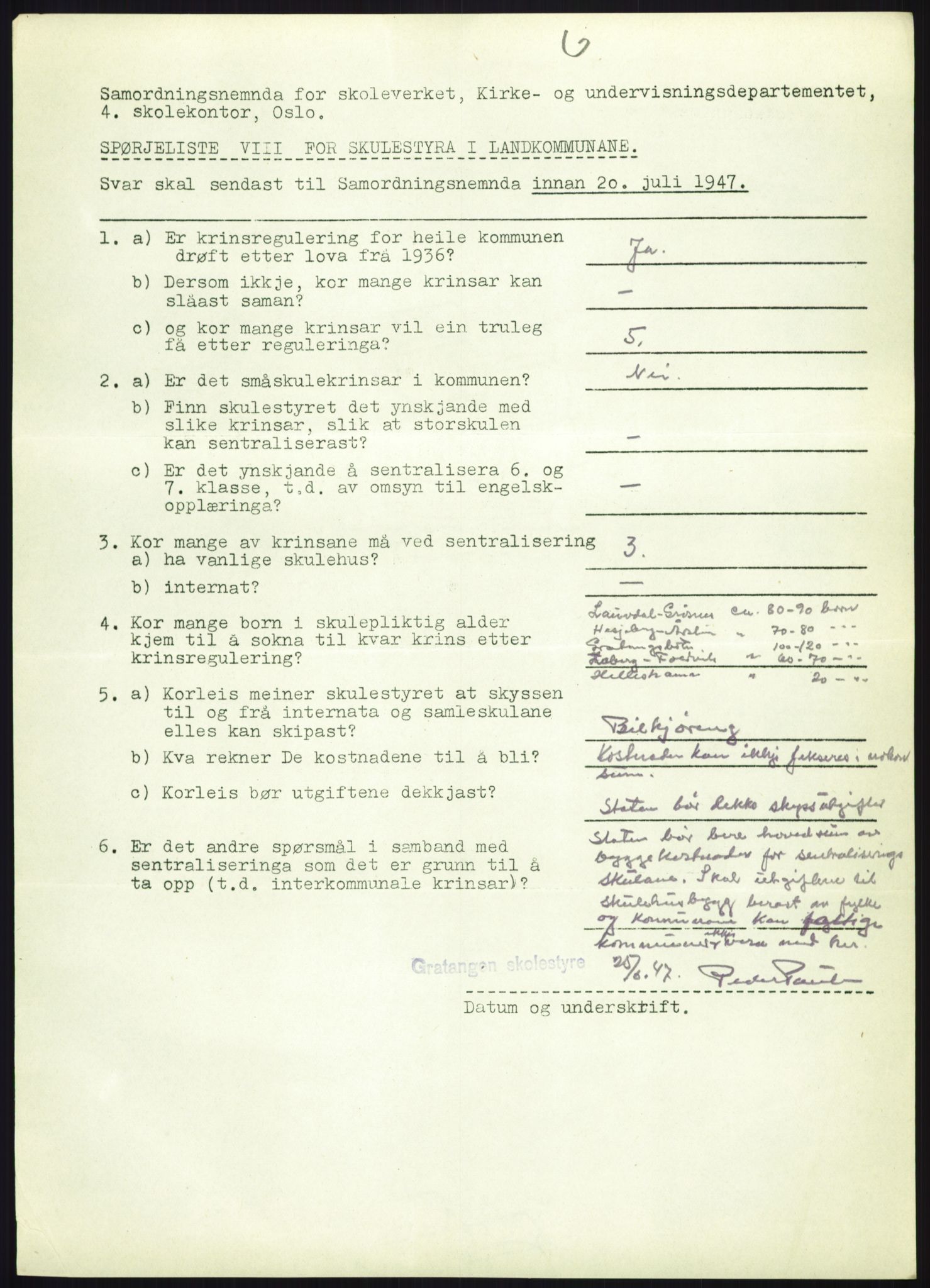 Kirke- og undervisningsdepartementet, Samordningsnemnda for skoleverket, AV/RA-S-1146/D/L0008: Svar på spørreskjema fra kommuner i Nord-Trøndelag, Nordland, Troms og Finnmark, 1947, p. 1002