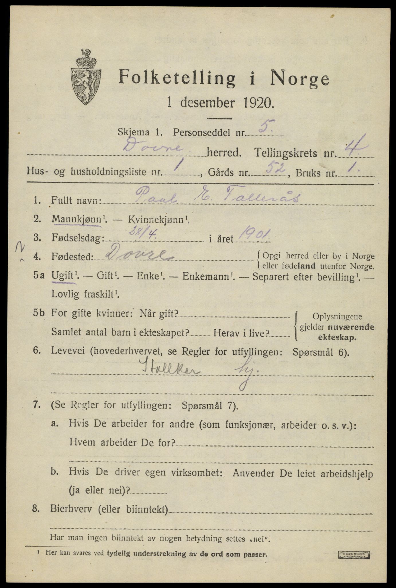 SAH, 1920 census for Dovre, 1920, p. 4550