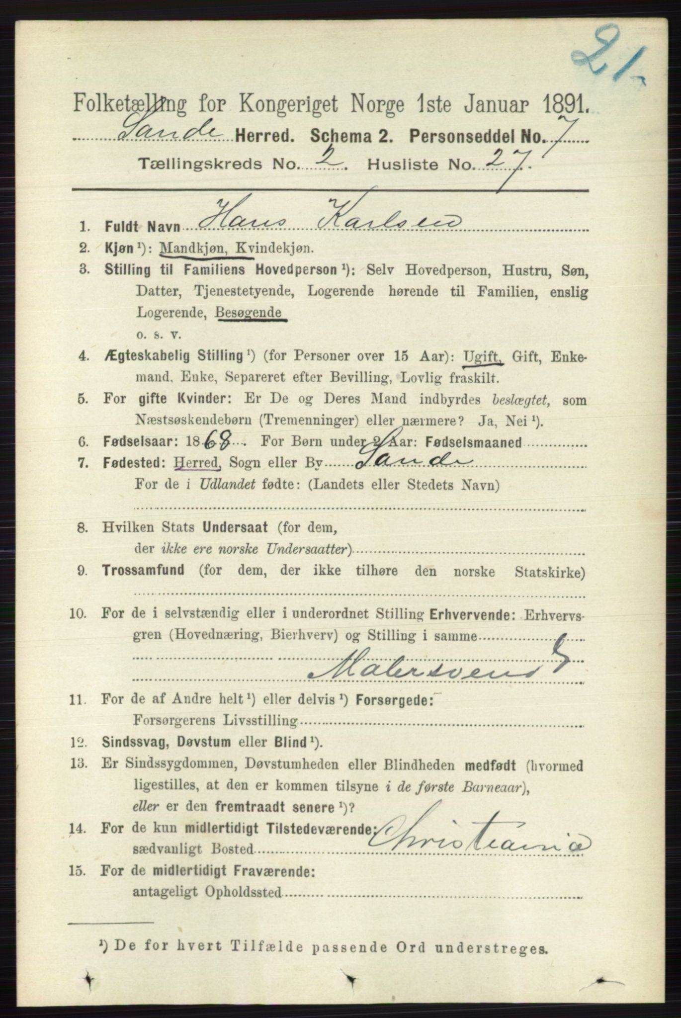 RA, 1891 census for 0713 Sande, 1891, p. 737