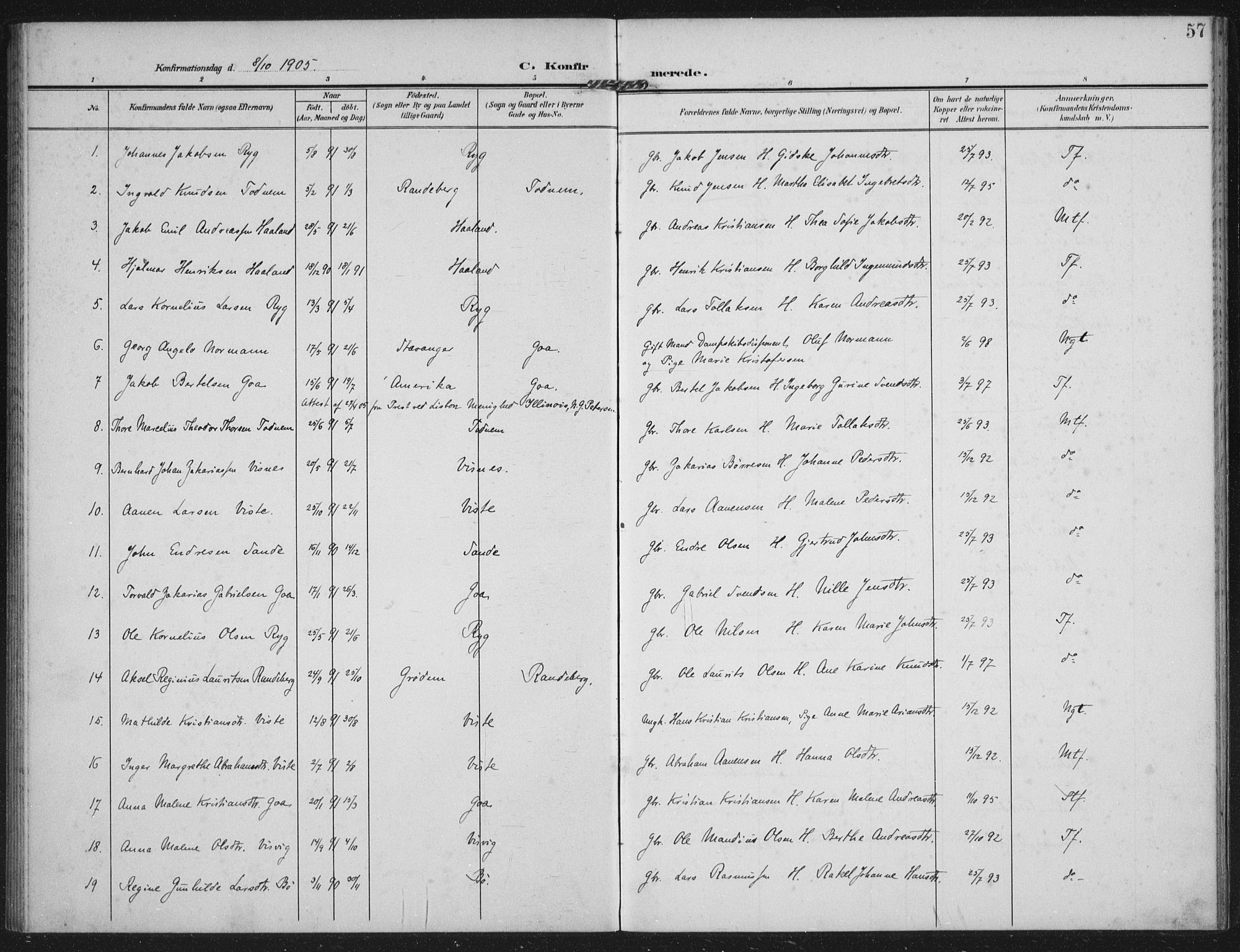 Hetland sokneprestkontor, AV/SAST-A-101826/30/30BA: Parish register (official) no. A 14, 1905-1919, p. 57