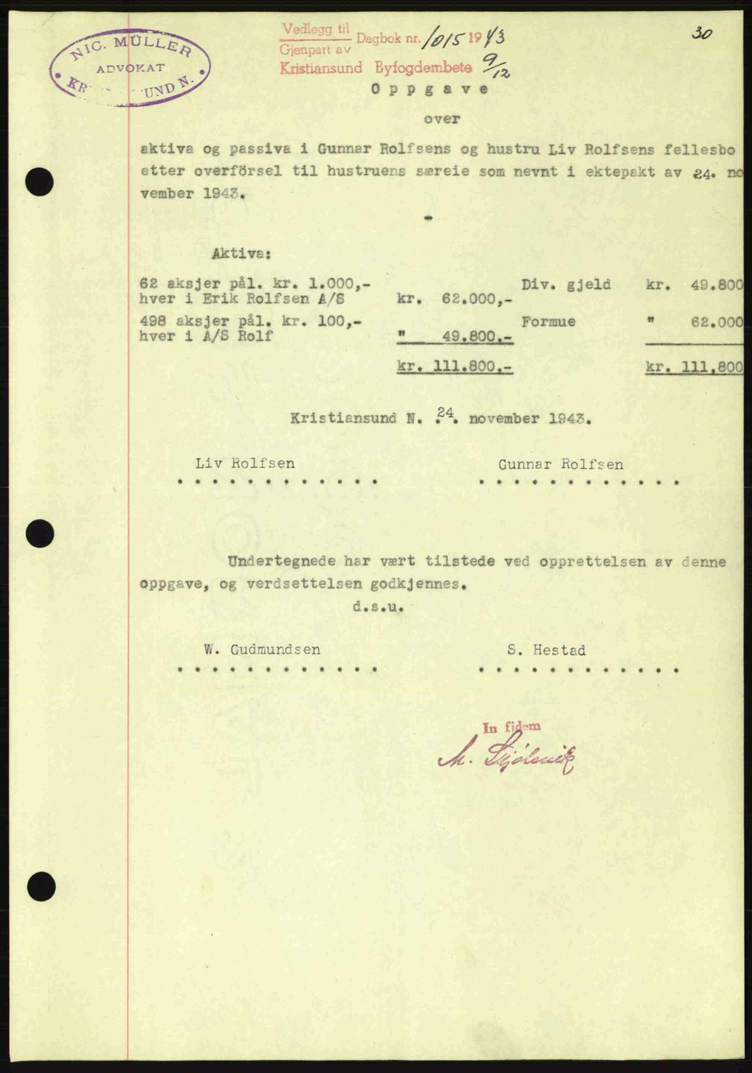 Kristiansund byfogd, AV/SAT-A-4587/A/27: Mortgage book no. 37-38, 1943-1945, Diary no: : 1015/1943