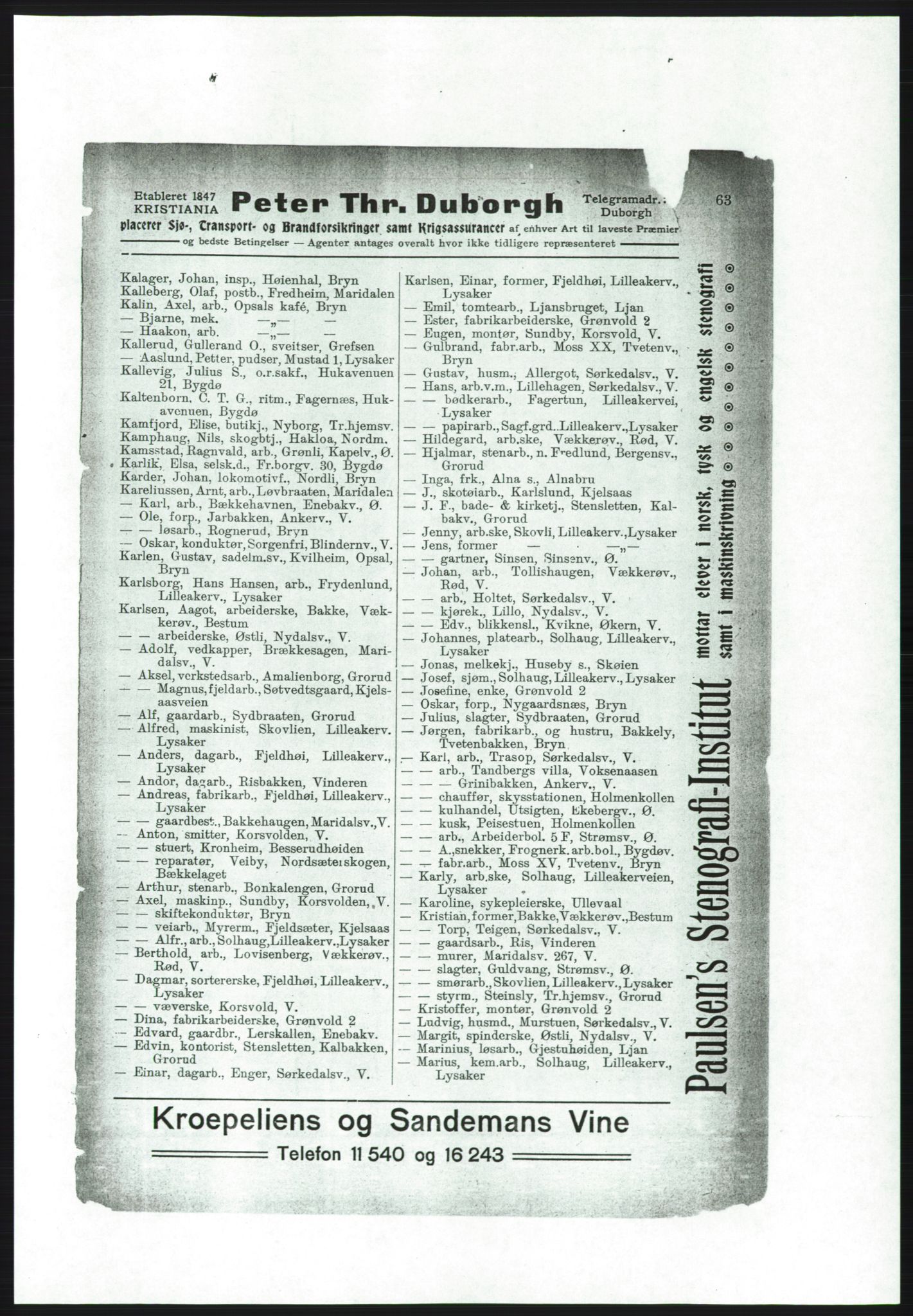 Aker adressebok/adressekalender, PUBL/001/A/001: Akers adressebok, 1916-1917, p. 63