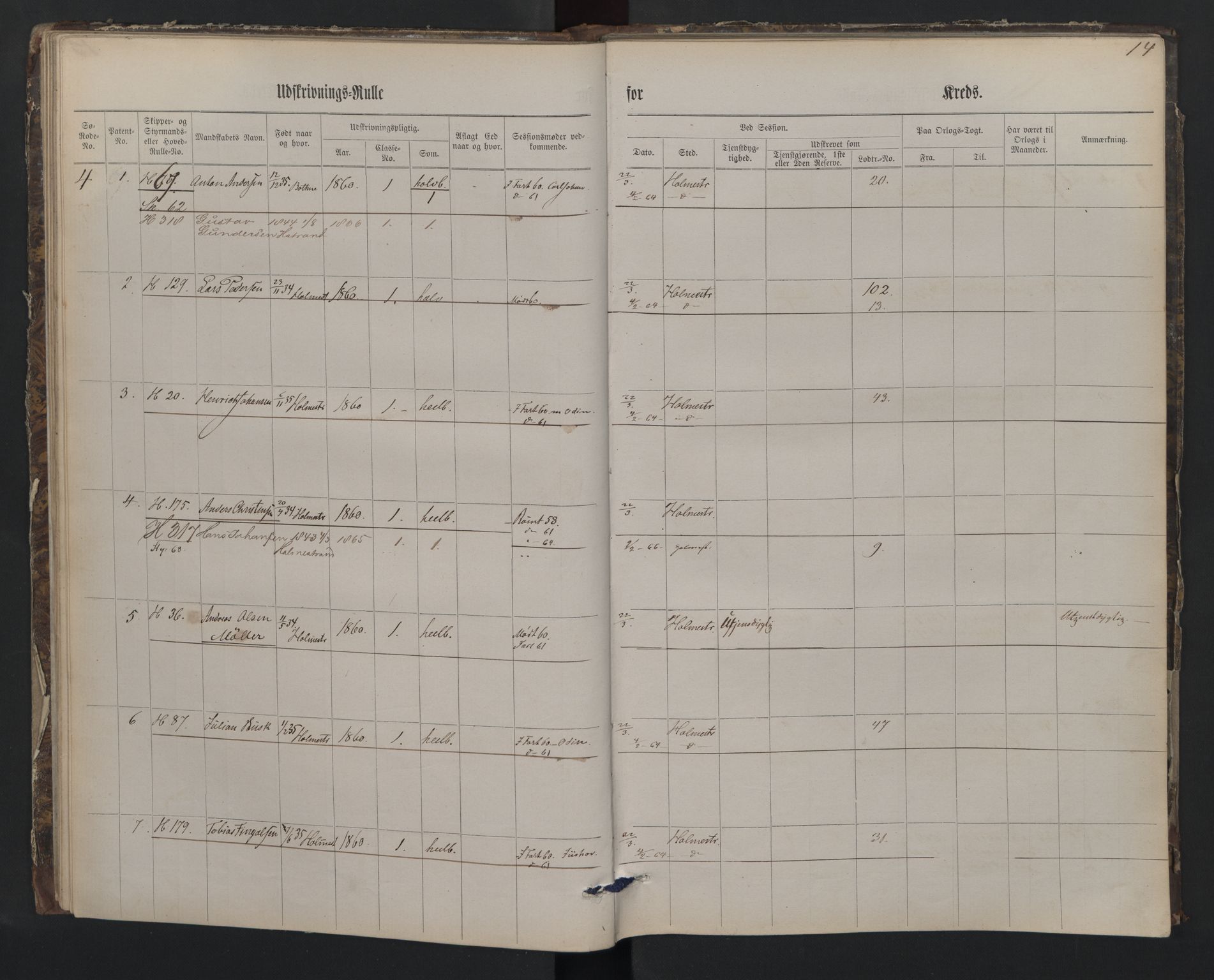 Holmestrand innrulleringskontor, AV/SAKO-A-1151/G/Gb/L0001: Utskrivningsrulle, 1860, p. 14