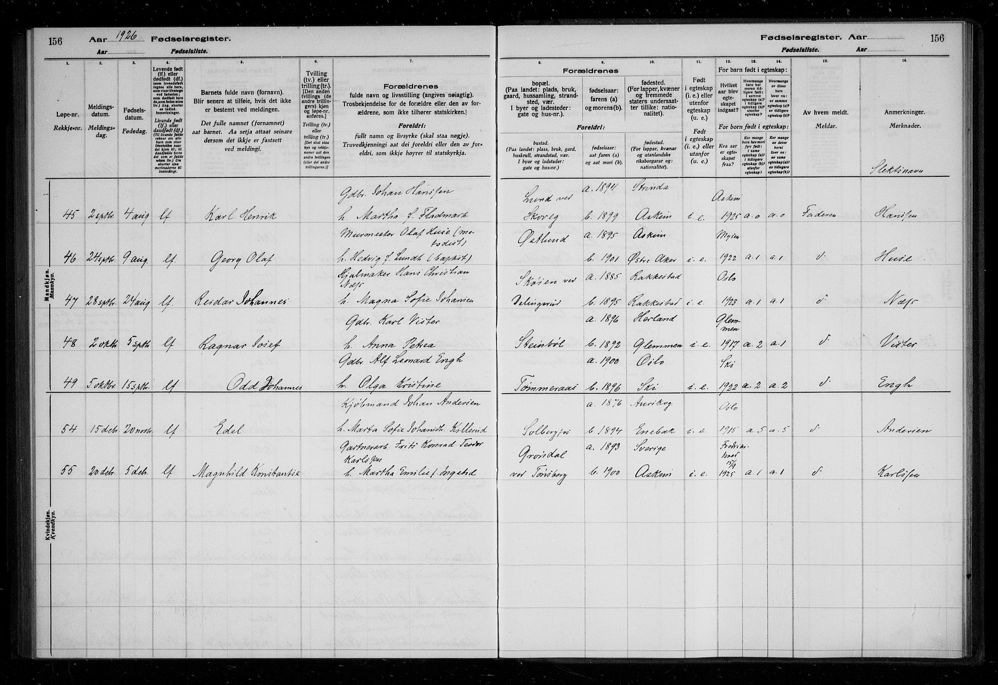 Askim prestekontor Kirkebøker, AV/SAO-A-10900/J/Ja/L0001: Birth register no. 1, 1916-1929, p. 156