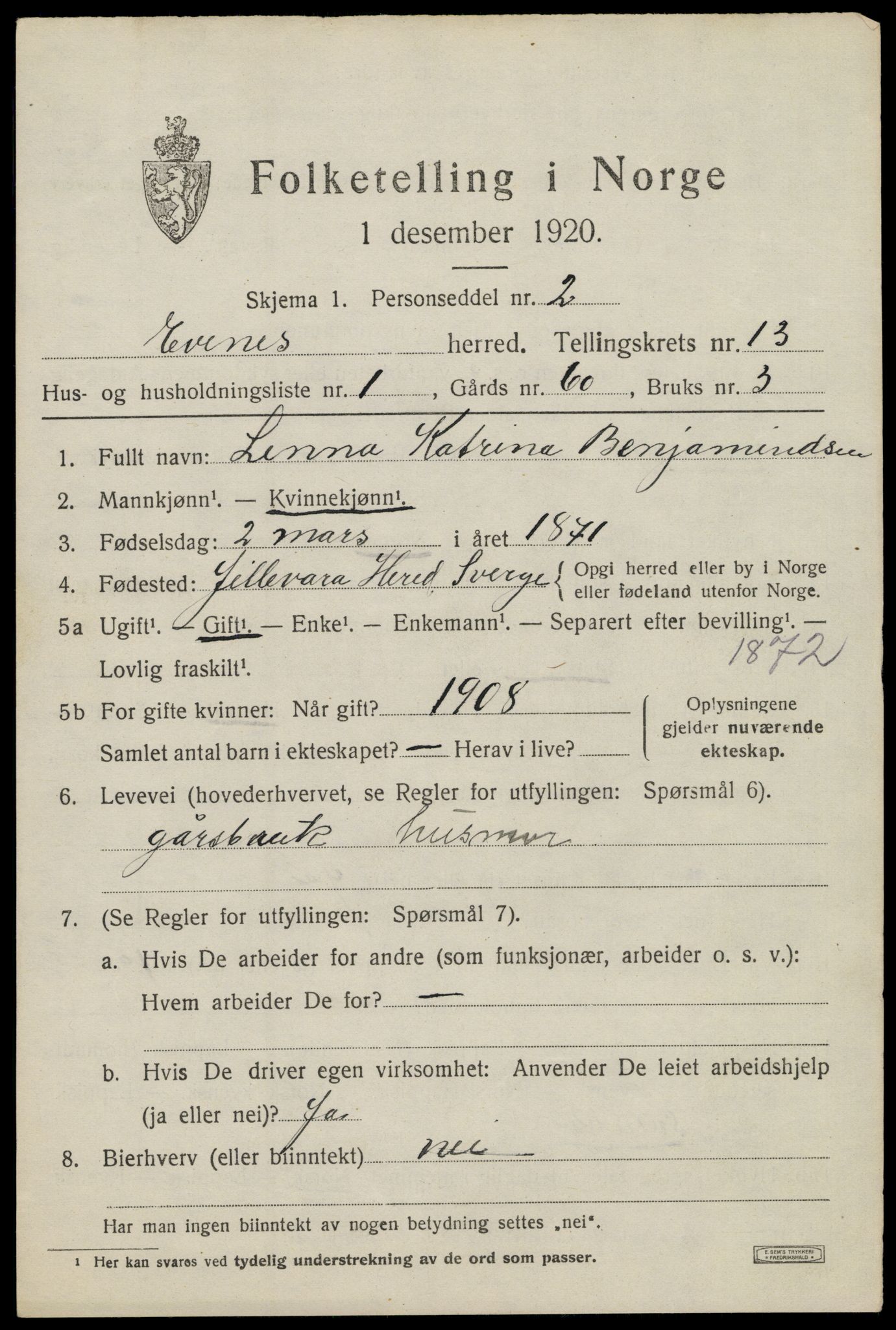 SAT, 1920 census for Evenes, 1920, p. 11896