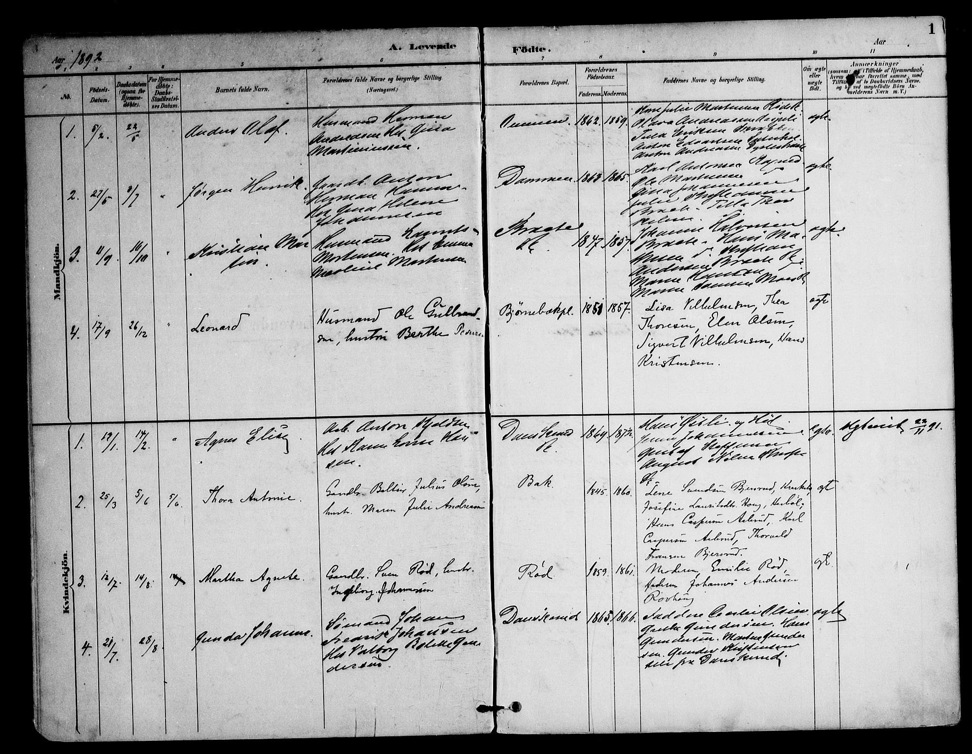 Ås prestekontor Kirkebøker, SAO/A-10894/F/Fc/L0002: Parish register (official) no. III 2, 1892-1924, p. 1