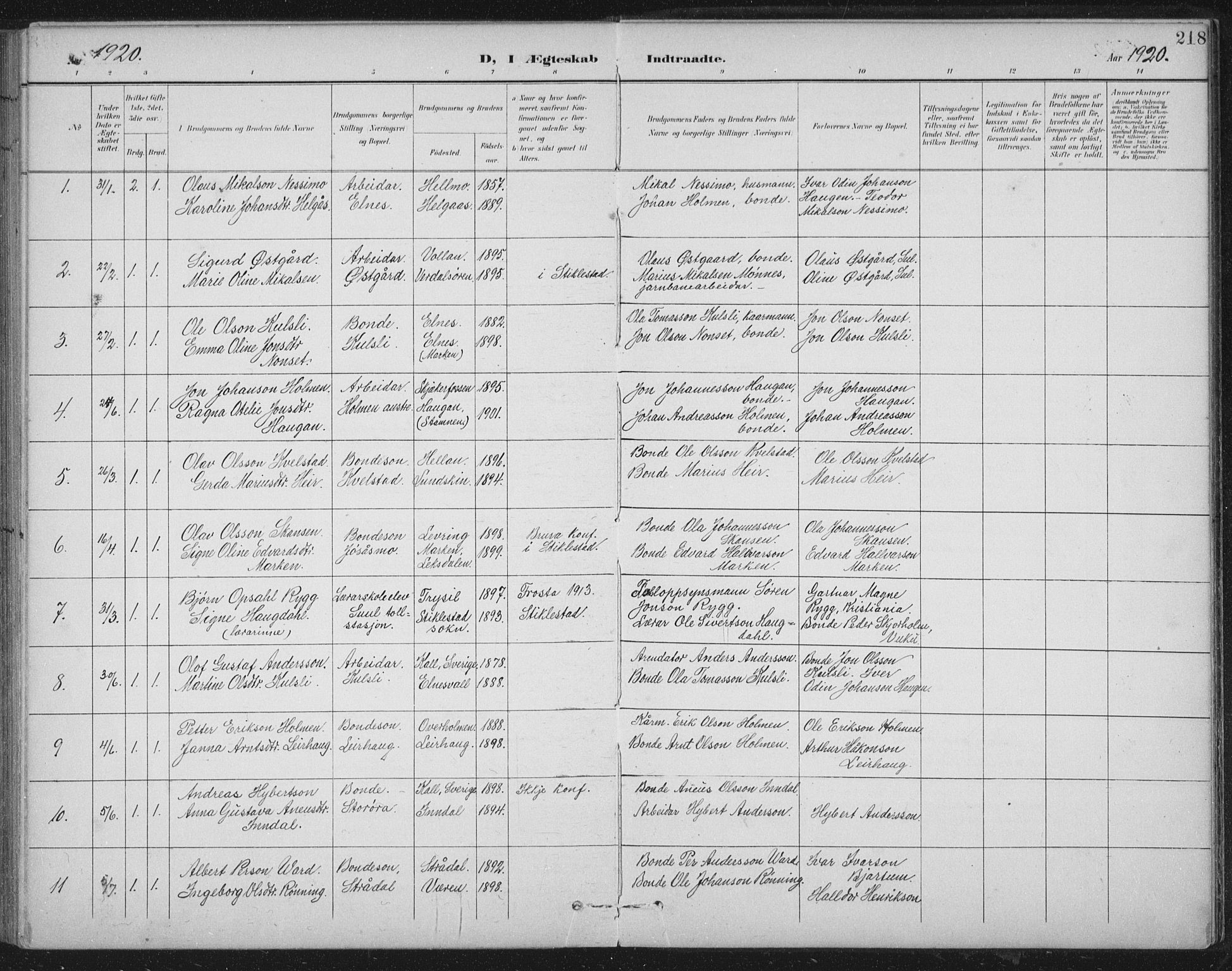 Ministerialprotokoller, klokkerbøker og fødselsregistre - Nord-Trøndelag, SAT/A-1458/724/L0269: Parish register (copy) no. 724C05, 1899-1920, p. 218