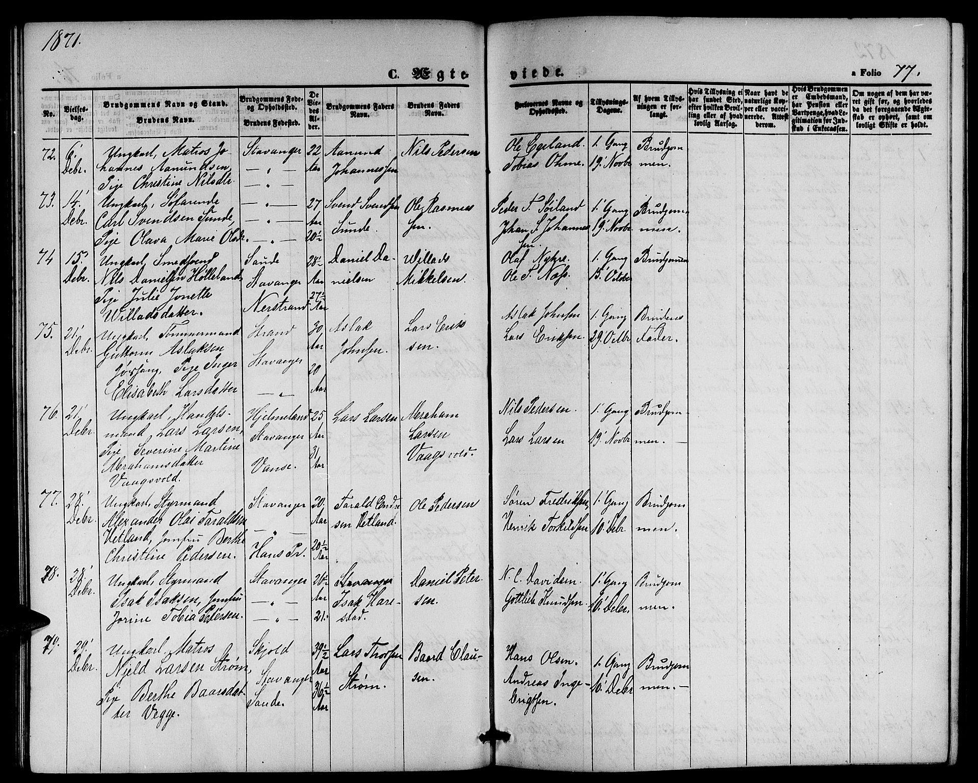 St. Petri sokneprestkontor, AV/SAST-A-101813/001/30/30BB/L0002: Parish register (copy) no. B 2, 1865-1885, p. 77