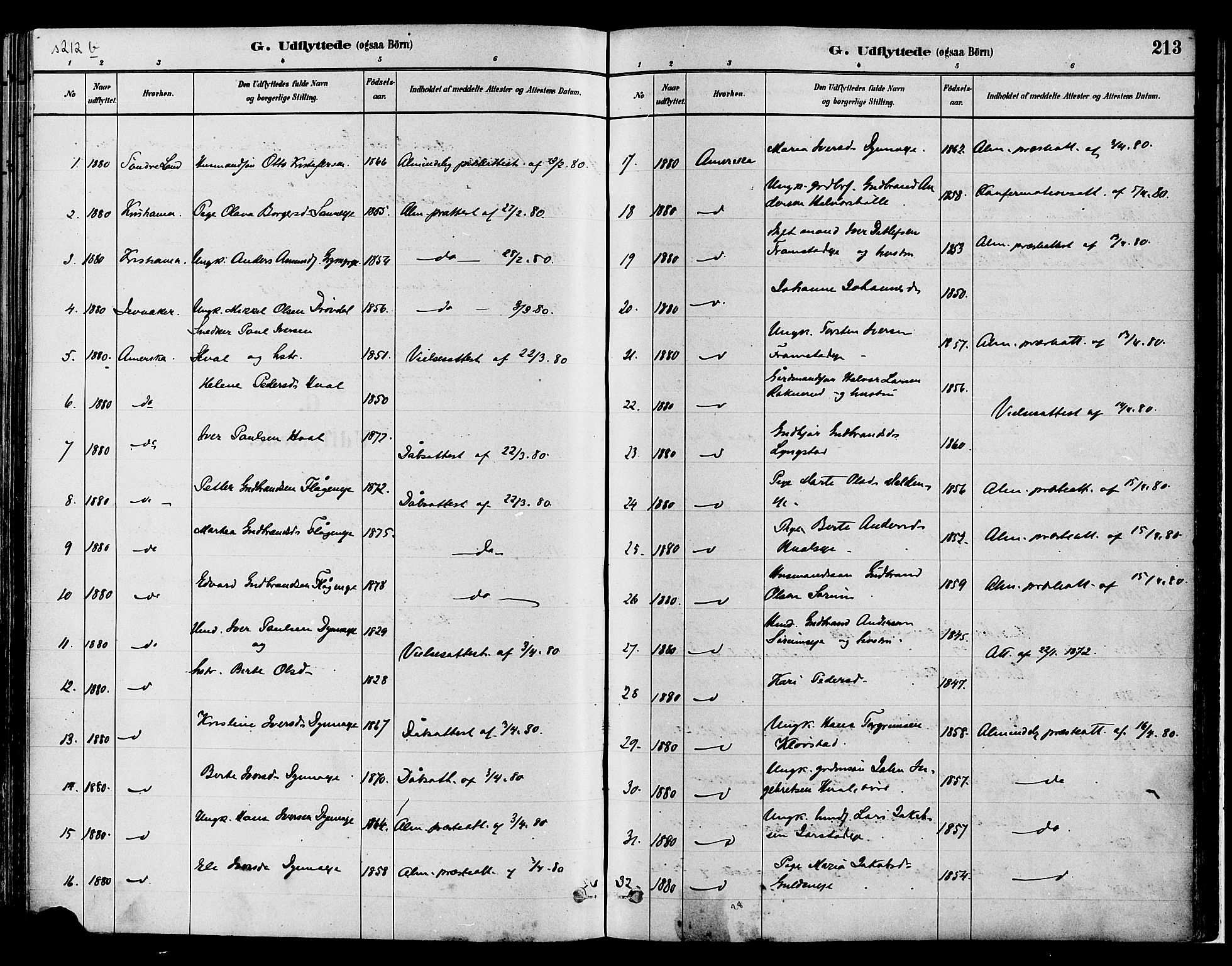 Gran prestekontor, SAH/PREST-112/H/Ha/Haa/L0014: Parish register (official) no. 14, 1880-1889, p. 213