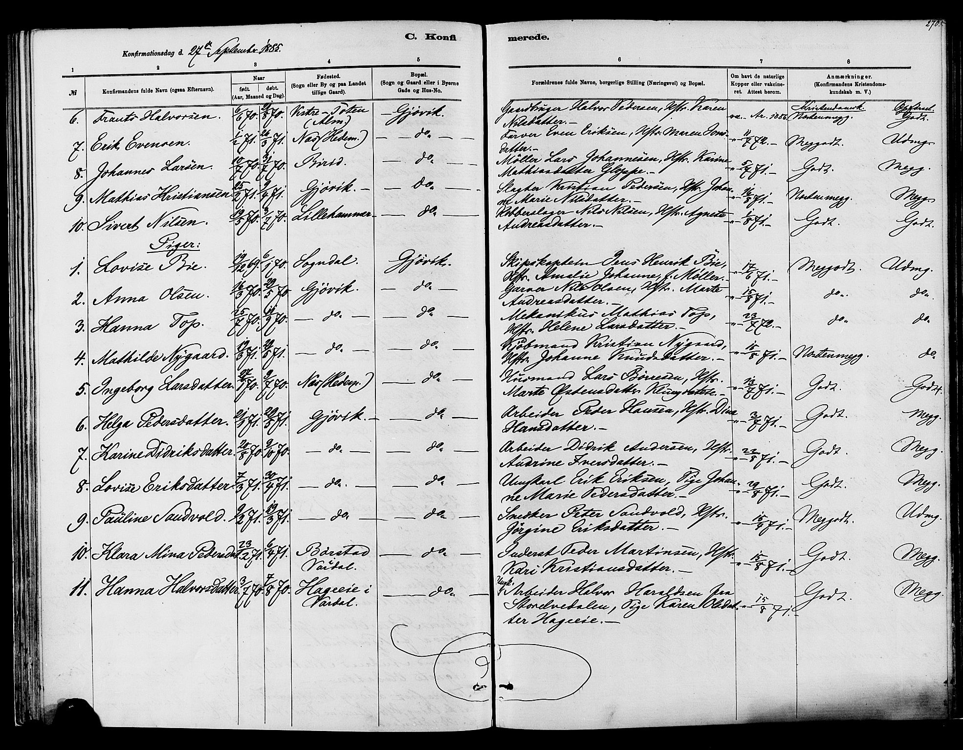 Vardal prestekontor, SAH/PREST-100/H/Ha/Haa/L0008: Parish register (official) no. 8, 1878-1890, p. 270