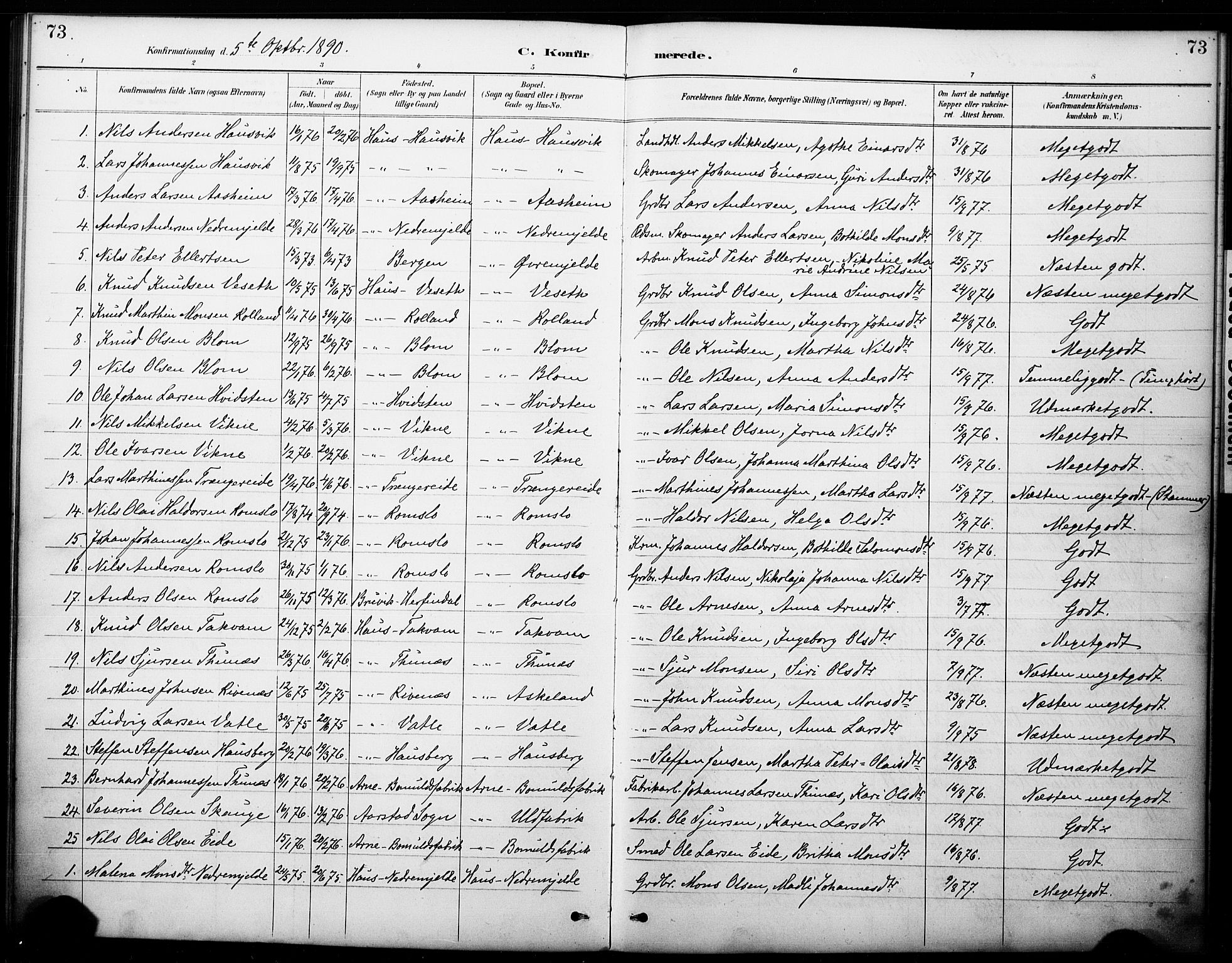 Haus sokneprestembete, SAB/A-75601/H/Haa: Parish register (official) no. B 1, 1887-1898, p. 73