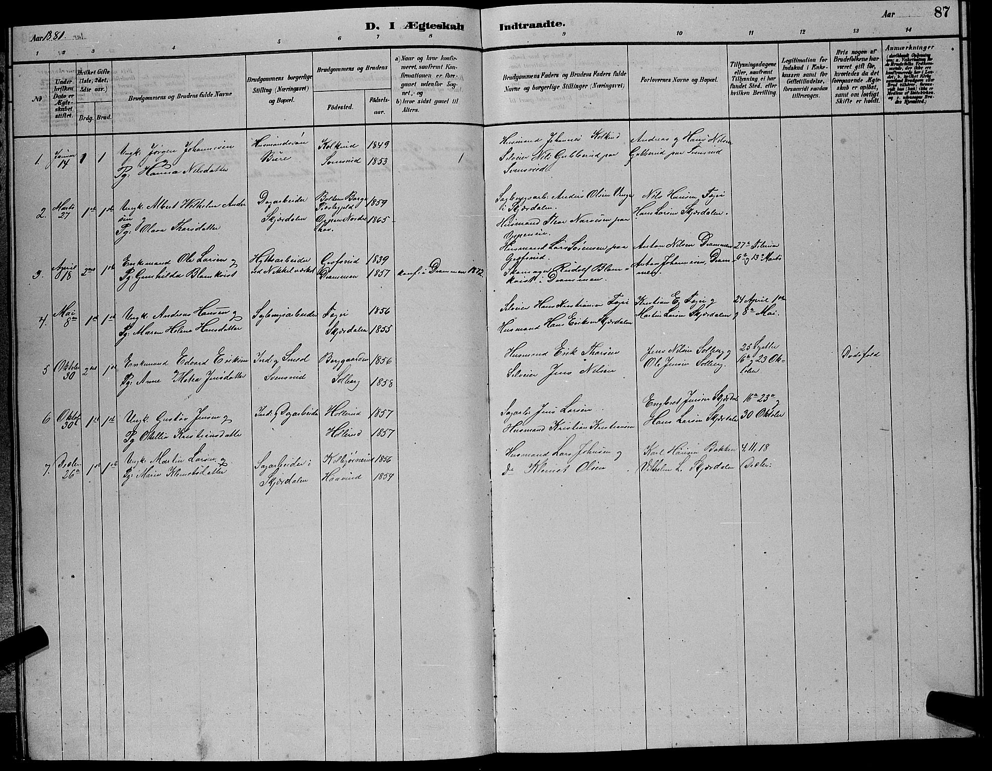Hole kirkebøker, SAKO/A-228/G/Gb/L0002: Parish register (copy) no. II 2, 1878-1889, p. 87