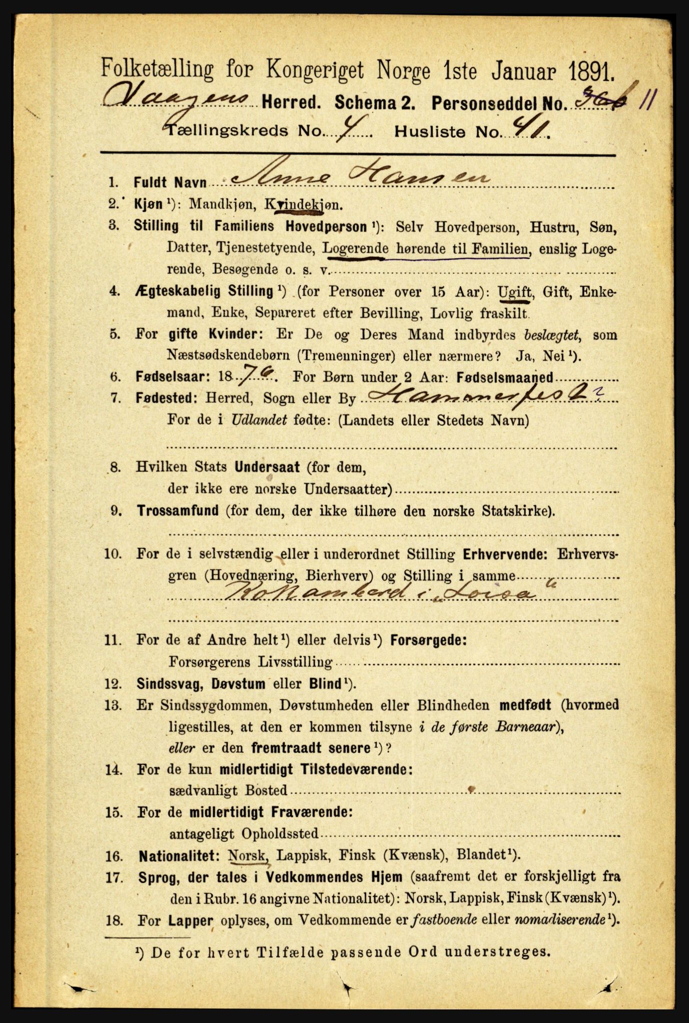 RA, 1891 census for 1865 Vågan, 1891, p. 1301