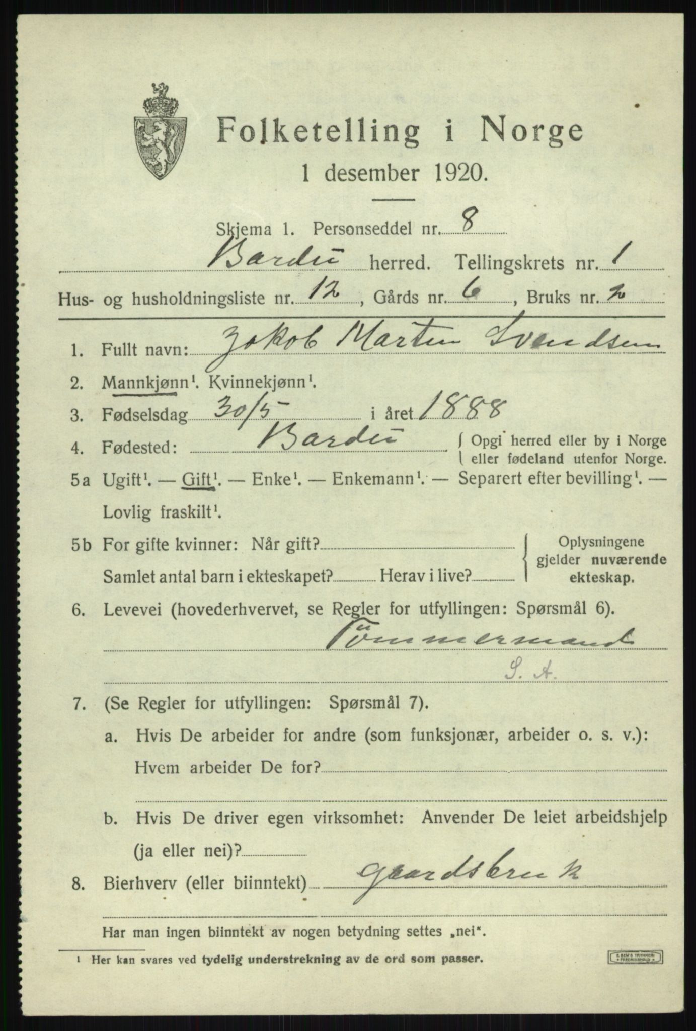 SATØ, 1920 census for Bardu, 1920, p. 796