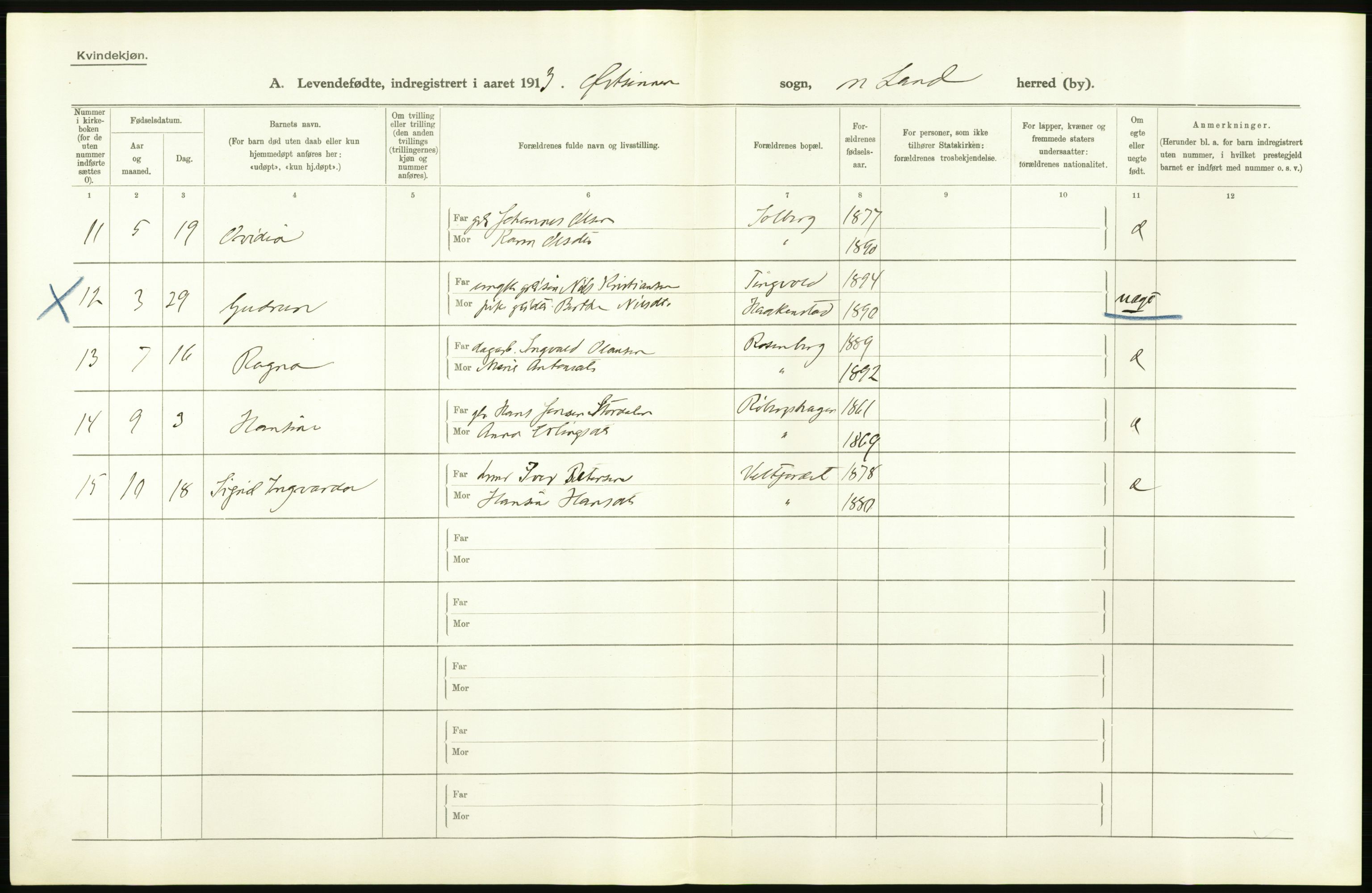 Statistisk sentralbyrå, Sosiodemografiske emner, Befolkning, AV/RA-S-2228/D/Df/Dfb/Dfbc/L0013: Kristians amt: Levendefødte menn og kvinner. Bygder og byer., 1913, p. 142