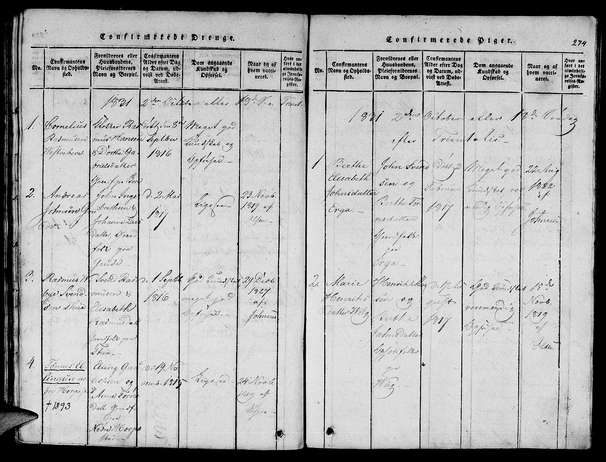 Klepp sokneprestkontor, SAST/A-101803/001/3/30BA/L0002: Parish register (official) no. A 2, 1816-1833, p. 274
