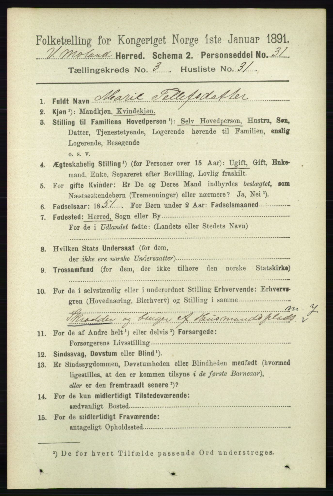 RA, 1891 census for 0926 Vestre Moland, 1891, p. 1128