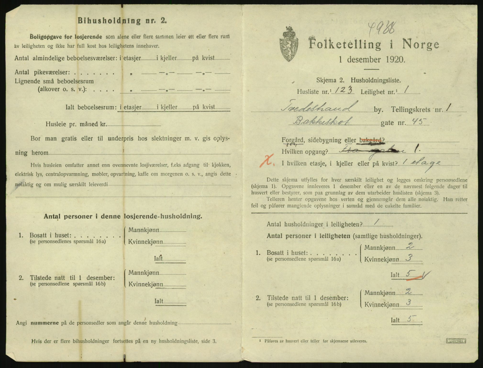 SAK, 1920 census for Tvedestrand, 1920, p. 911