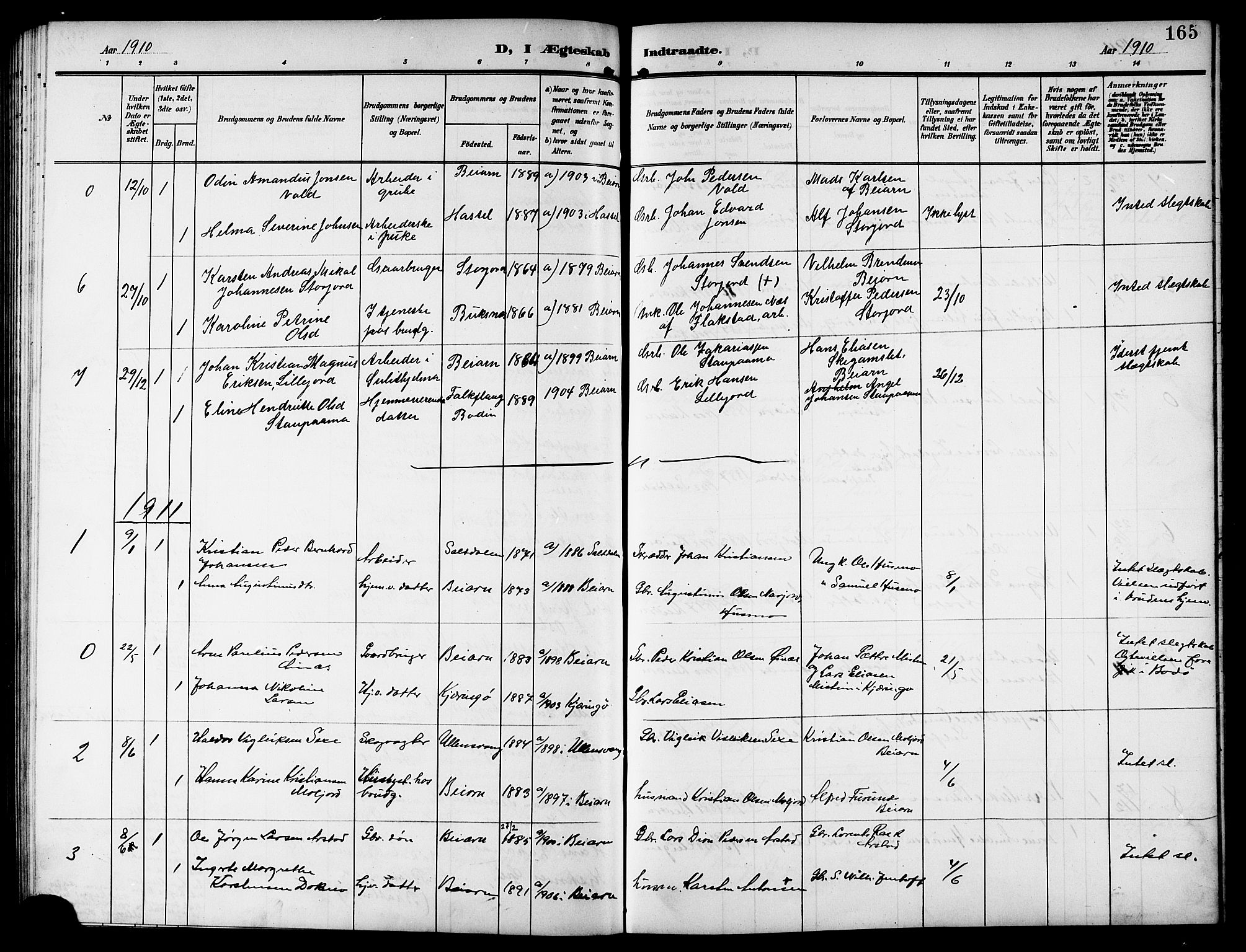 Ministerialprotokoller, klokkerbøker og fødselsregistre - Nordland, SAT/A-1459/846/L0655: Parish register (copy) no. 846C05, 1902-1916, p. 165