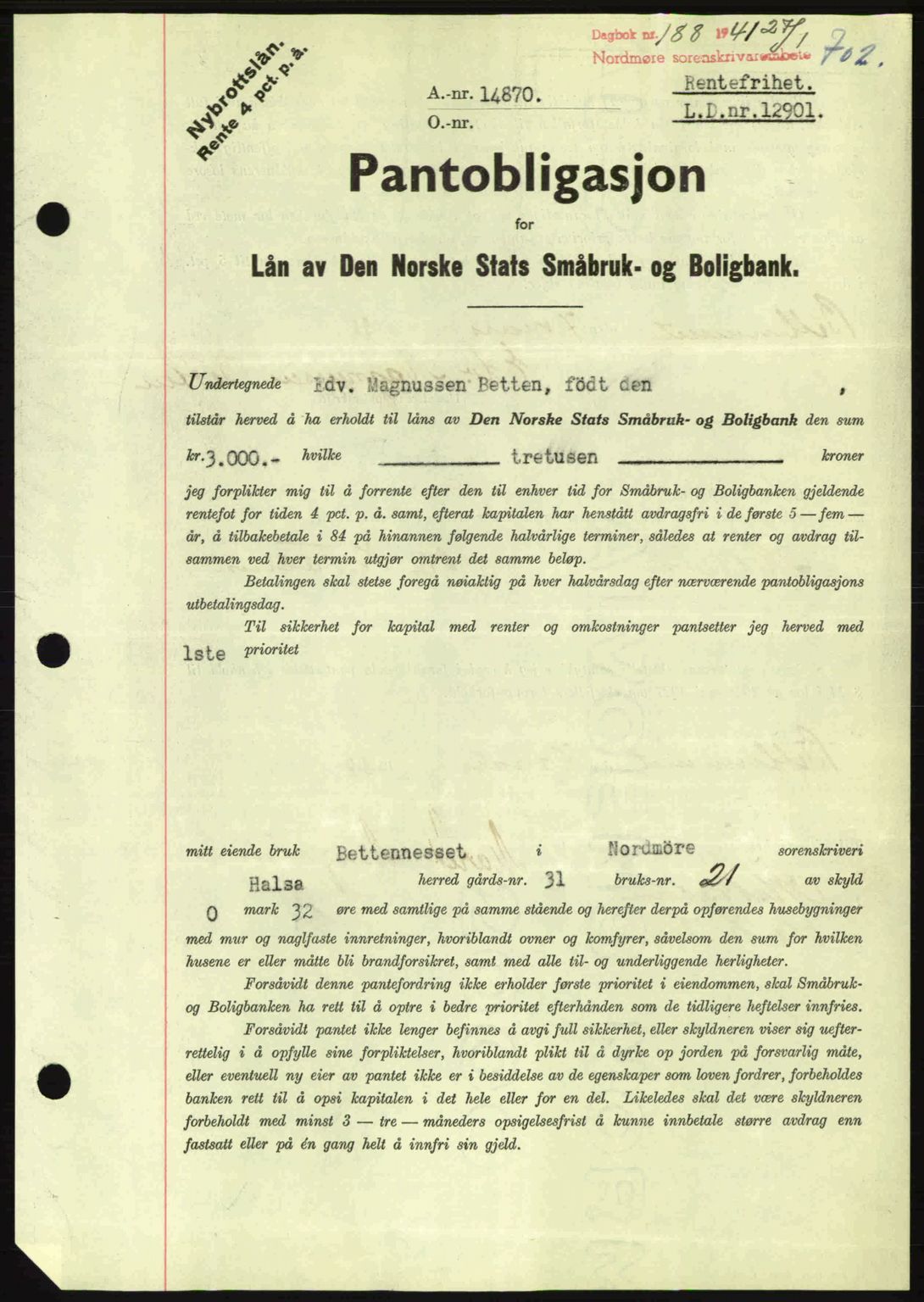 Nordmøre sorenskriveri, AV/SAT-A-4132/1/2/2Ca: Mortgage book no. B87, 1940-1941, Diary no: : 188/1941