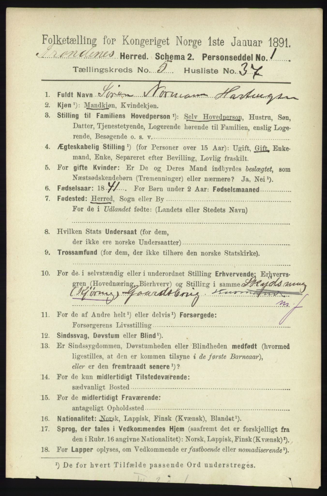 RA, 1891 census for 1914 Trondenes, 1891, p. 3108