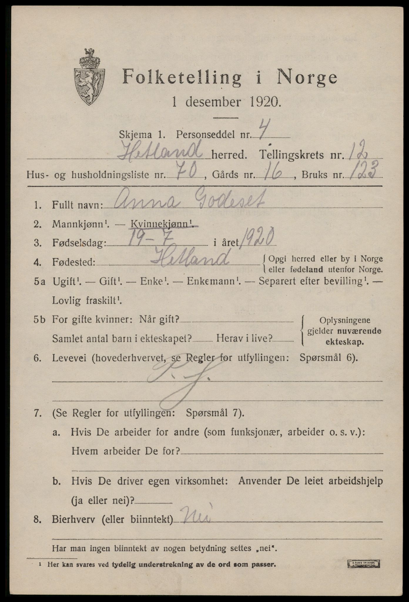 SAST, 1920 census for Hetland, 1920, p. 21639