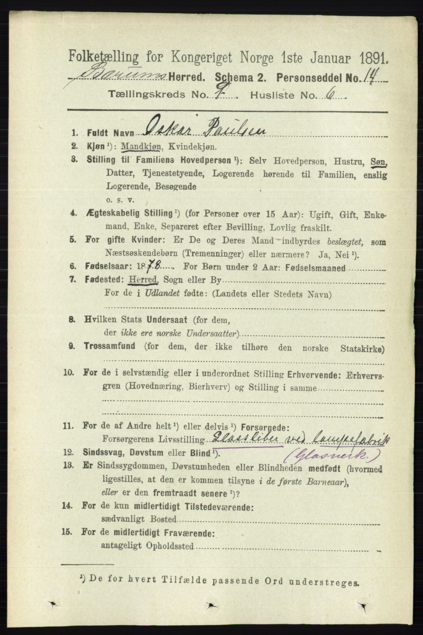 RA, 1891 census for 0219 Bærum, 1891, p. 5187