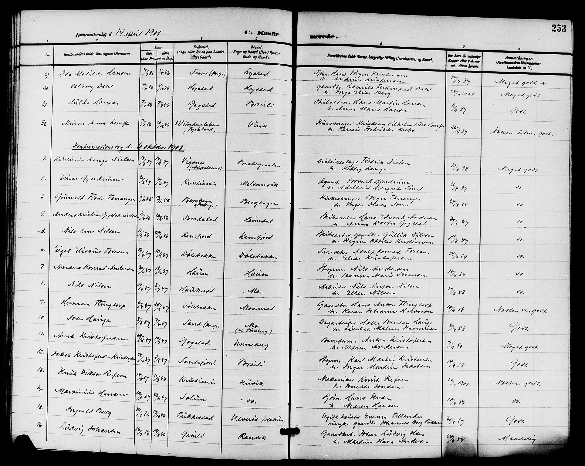 Sandar kirkebøker, AV/SAKO-A-243/G/Ga/L0002: Parish register (copy) no. 2, 1900-1915, p. 253