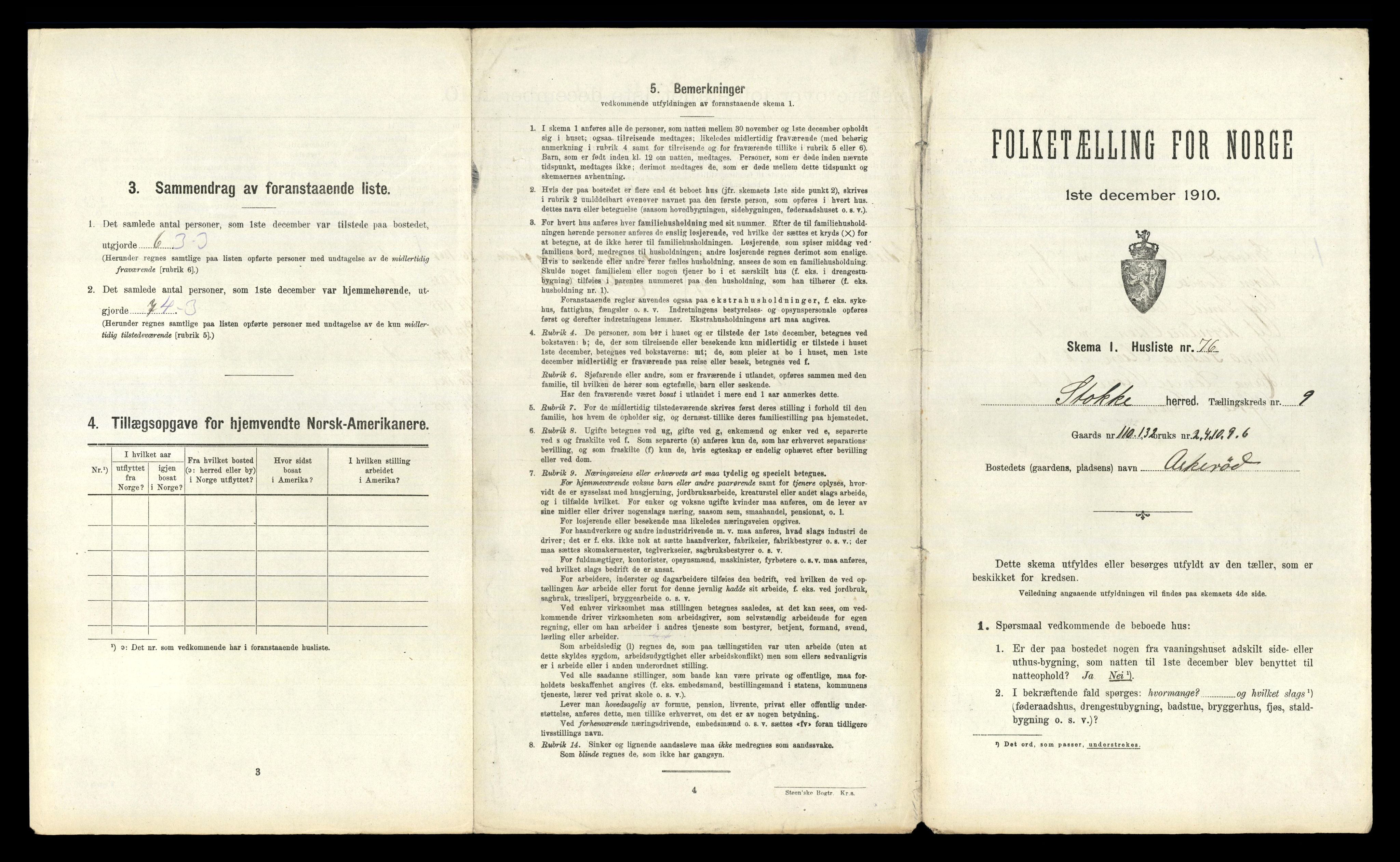 RA, 1910 census for Stokke, 1910, p. 1684
