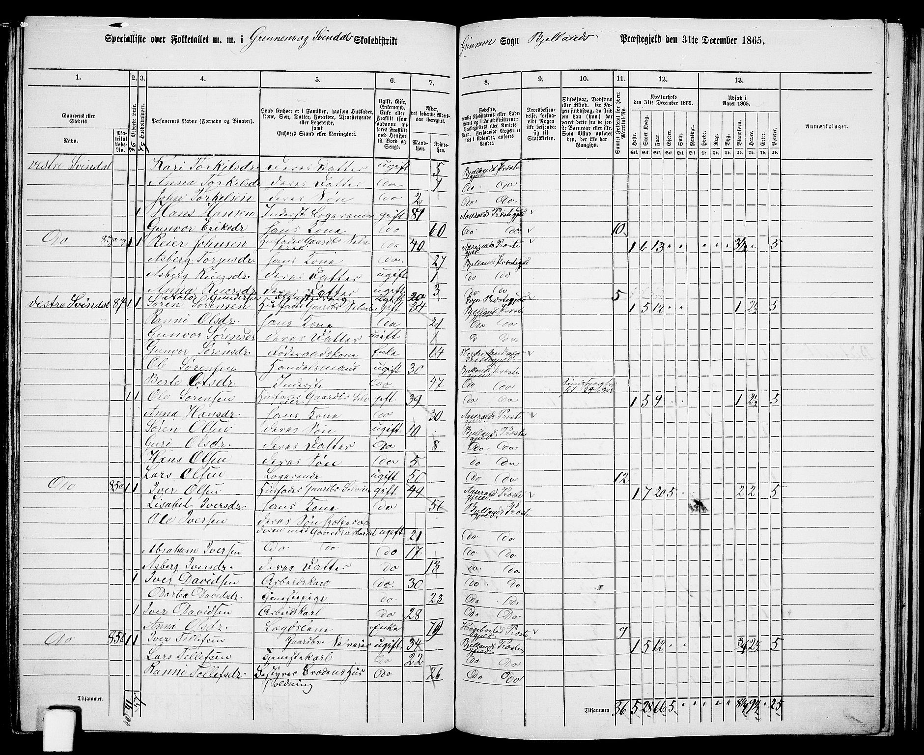 RA, 1865 census for Bjelland, 1865, p. 68