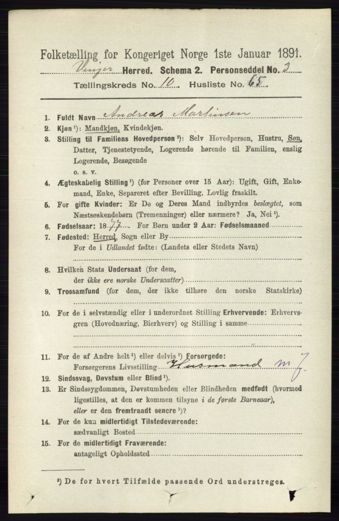 RA, 1891 census for 0421 Vinger, 1891, p. 5275