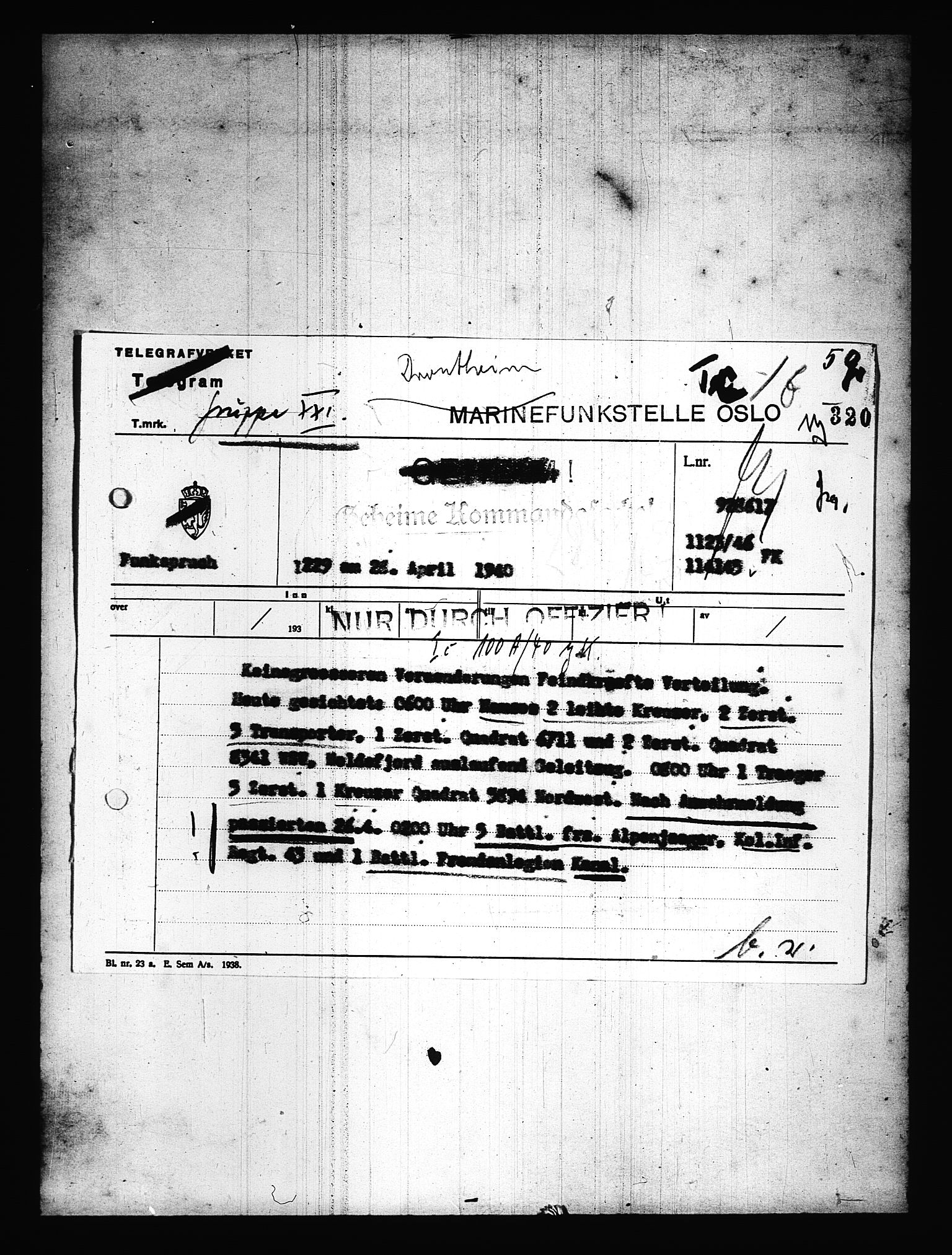 Documents Section, RA/RAFA-2200/V/L0077: Amerikansk mikrofilm "Captured German Documents".
Box No. 716.  FKA jnr. 615/1954., 1940, p. 1