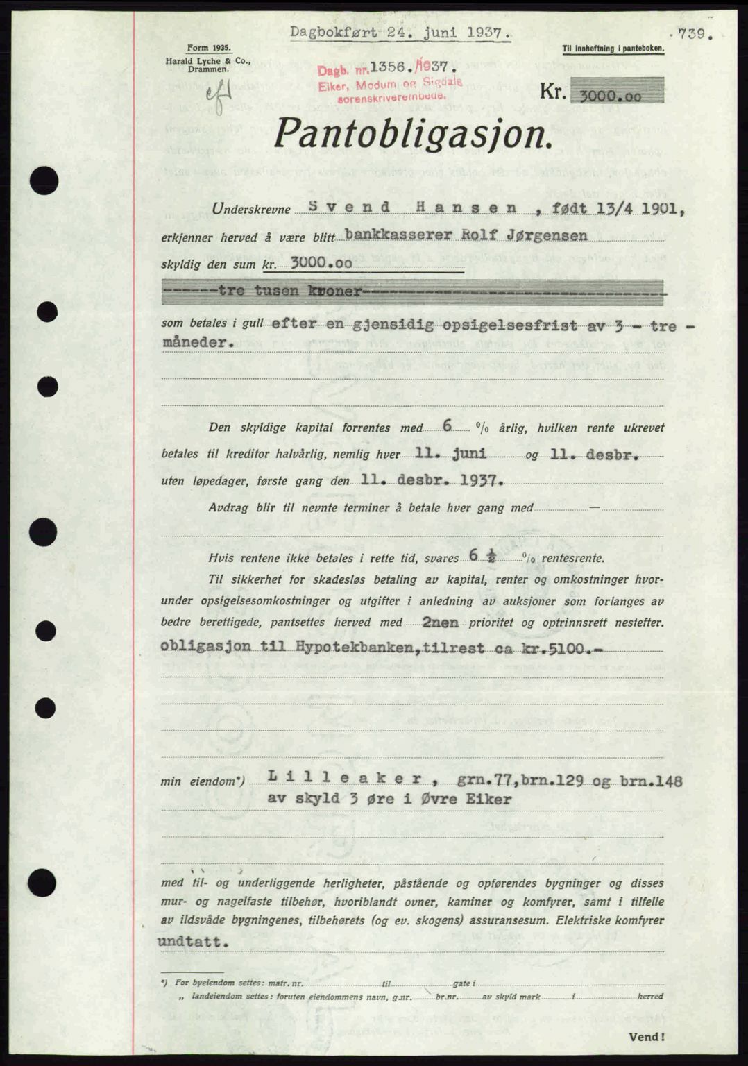 Eiker, Modum og Sigdal sorenskriveri, SAKO/A-123/G/Ga/Gab/L0035: Mortgage book no. A5, 1937-1937, Diary no: : 1356/1937